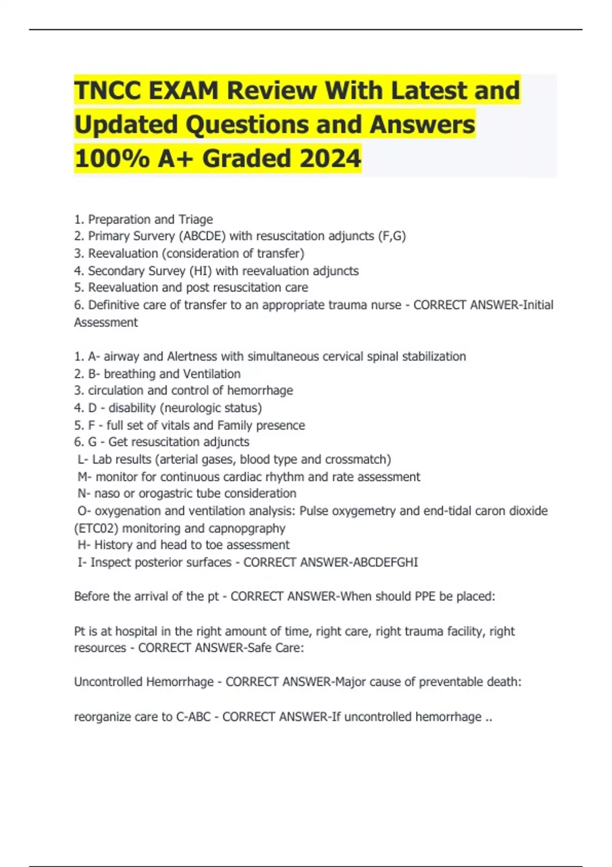 TNCC EXAM Review With Latest and Updated Questions and Answers 100% A+ ...