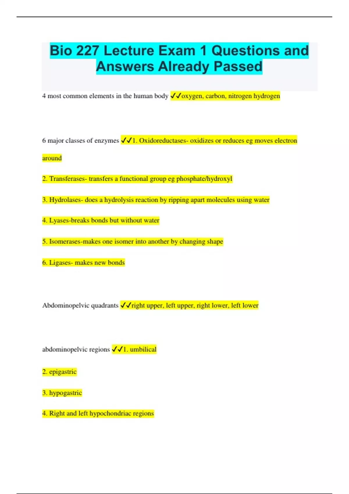 Bio 227 Lecture Exam 1 Questions and Answers Already Passed - Bio 227 ...