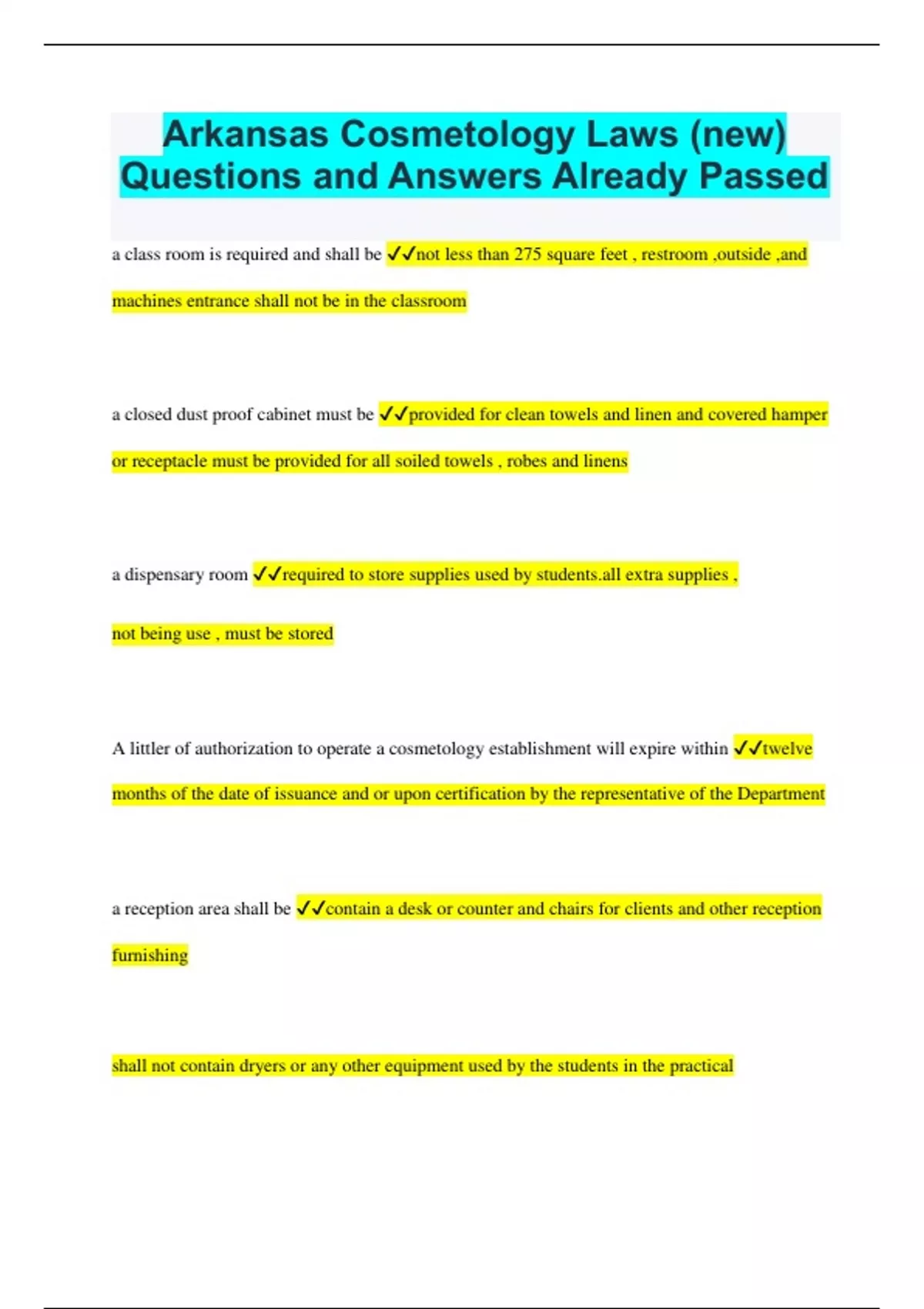 Arkansas Cosmetology Laws (new) Questions and Answers Already Passed Arkansas Cosmetology Laws