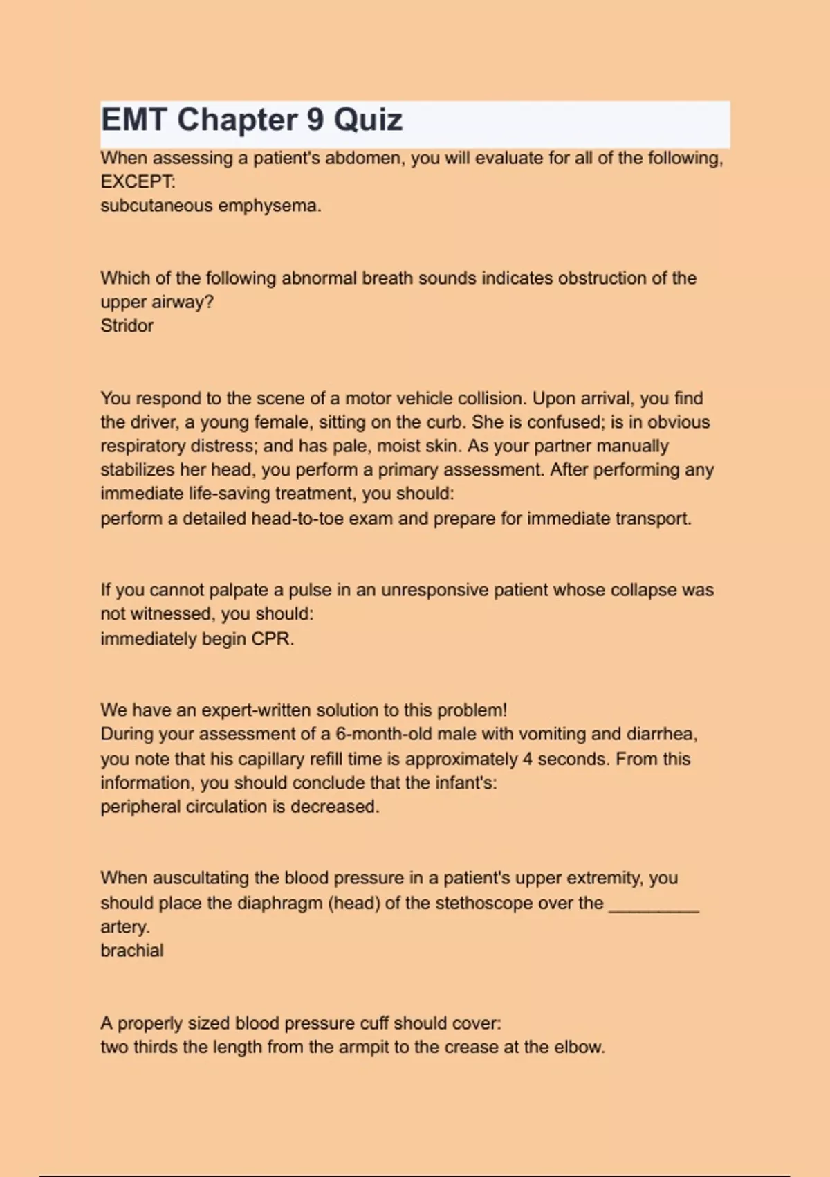 EMT Chapter 9 Quiz with 100 correct answers verified latest update