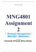 Exam &lpar;elaborations&rpar; MNG4801 Assignment 2 &lpar;COMPLETE ANSWERS&rpar; 2024 &lpar;276844&rpar; - 19 July 2024 &bull;&Tab;Course &bull;&Tab;Strategic Management - MNG4801 &lpar;MNG4801&rpar; &bull;&Tab;Institution &bull;&Tab;University Of South Africa &lpar;Unisa&rpar; &bull;&Tab;Book &bull;&Tab;Strategic Management MNG4801 Assignment 2 &lpar;COMPLETE AN