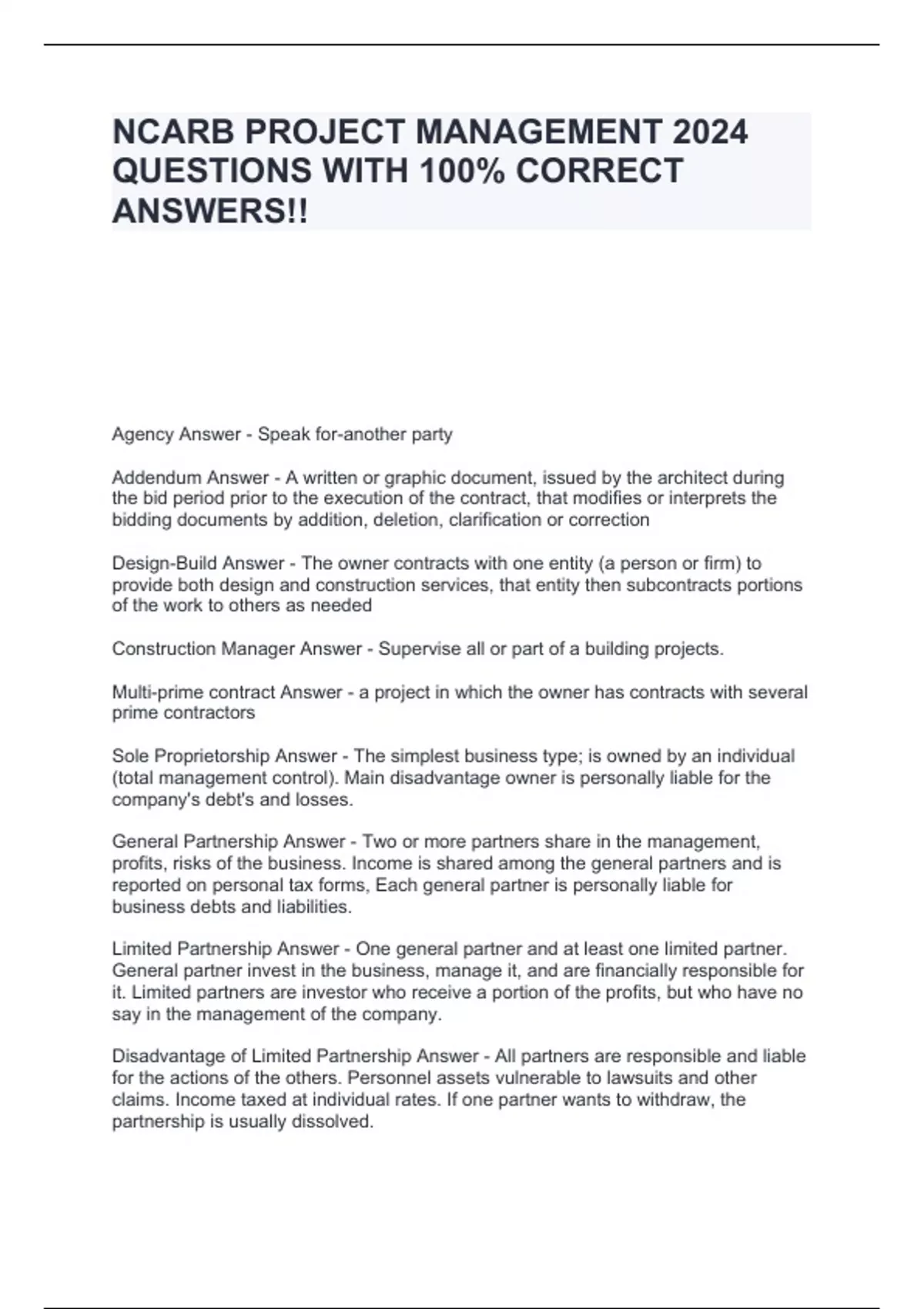 NCARB PROJECT MANAGEMENT 2024 QUESTIONS WITH 100% CORRECT ANSWERS ...