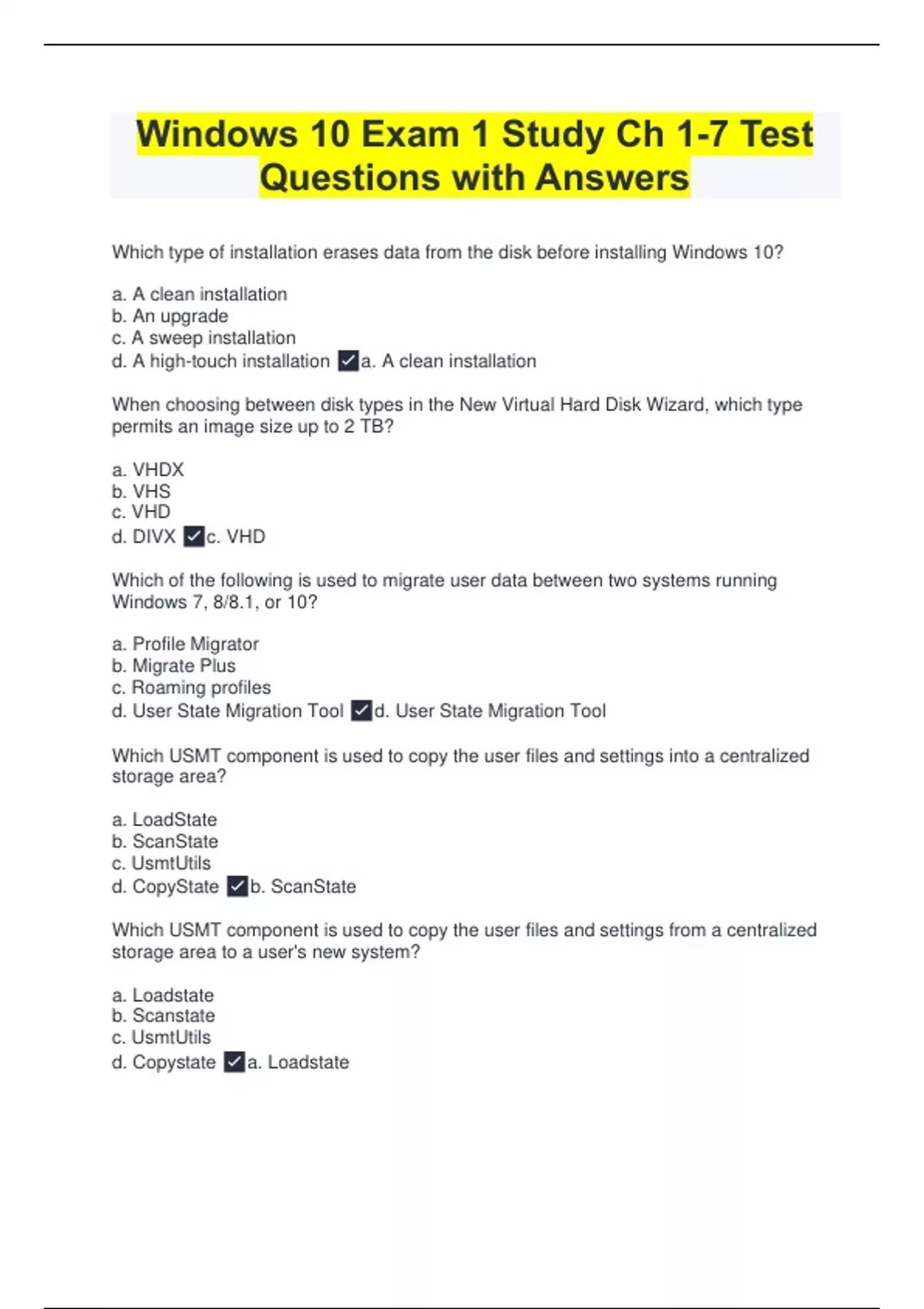 Windows 10 Exam 1 Study Ch 1-7 Test Questions with Answers - Windows 10