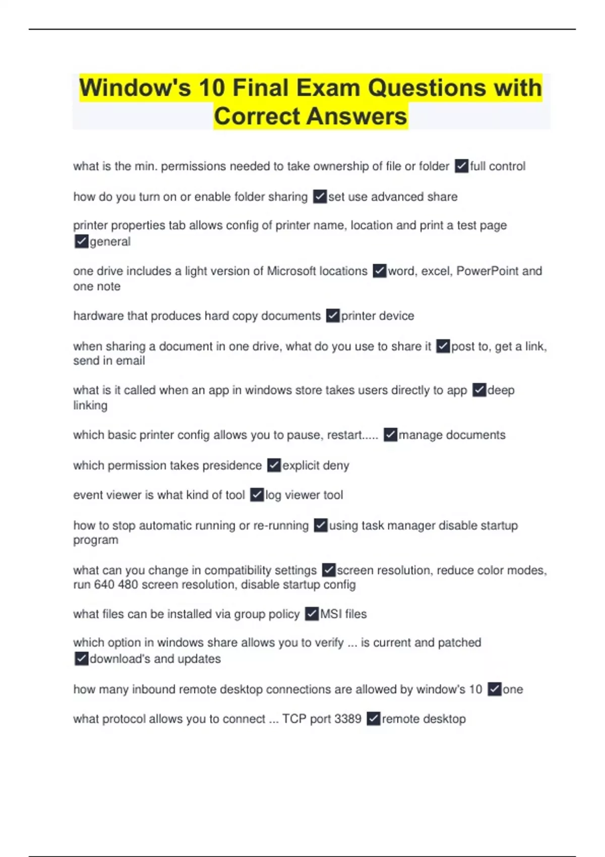 Window's 10 Final Exam Questions with Correct Answers - Windows 10