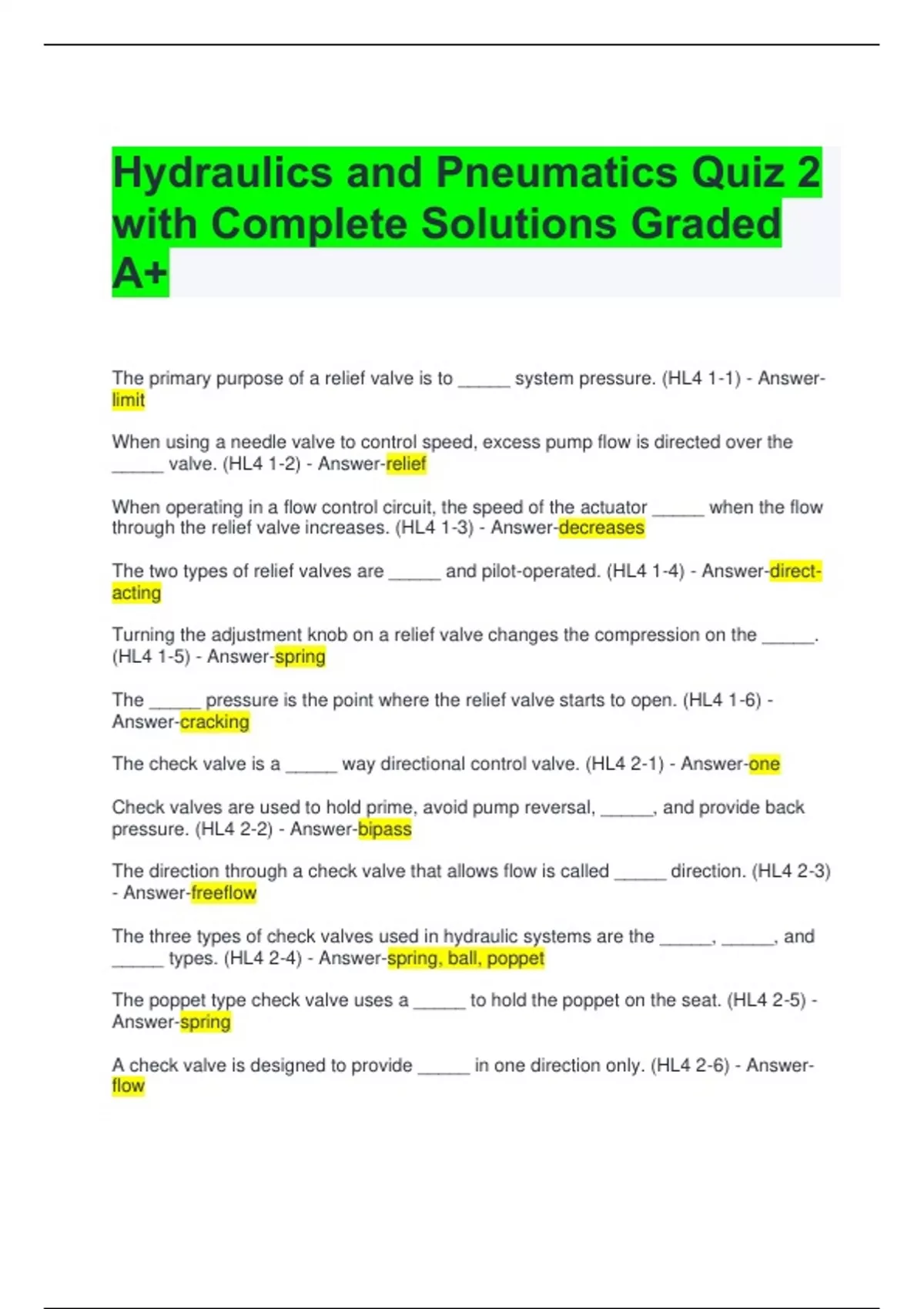 Hydraulics and Pneumatics Quiz 2 with Complete Solutions Graded A+
