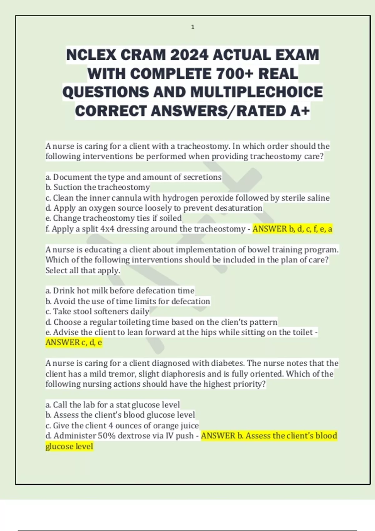 NCLEX CRAM 2024 ACTUAL EXAM WITH COMPLETE 700+ REAL QUESTIONS AND ...