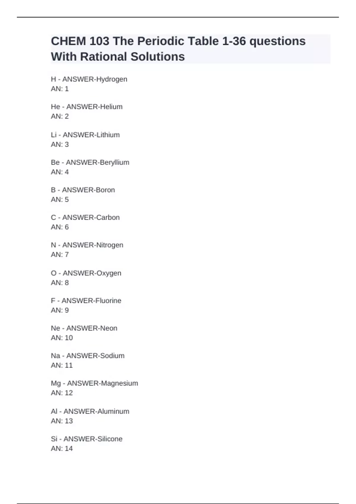 Priodic Table 103 CHEM 103 The Periodic Table 1-36 questions With Rational Solutions ...