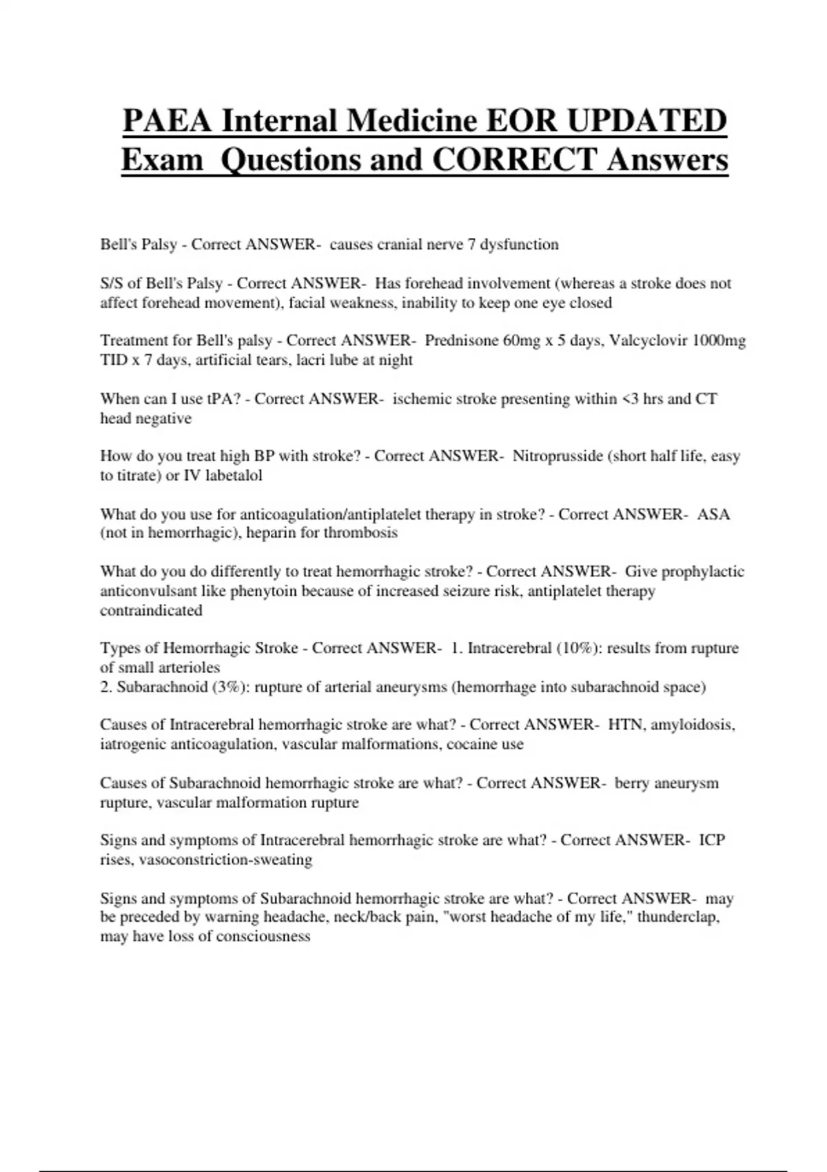 PAEA Internal Medicine EOR UPDATED Exam Questions and CORRECT Answers