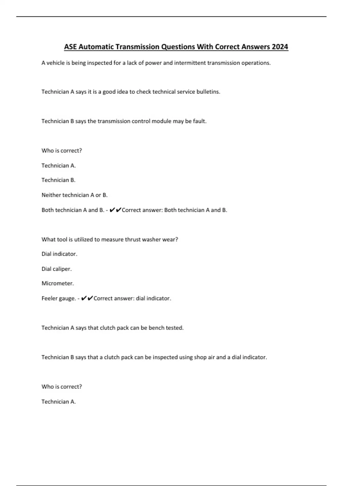 ASE Automatic Transmission Questions With Correct Answers 2024 ASE