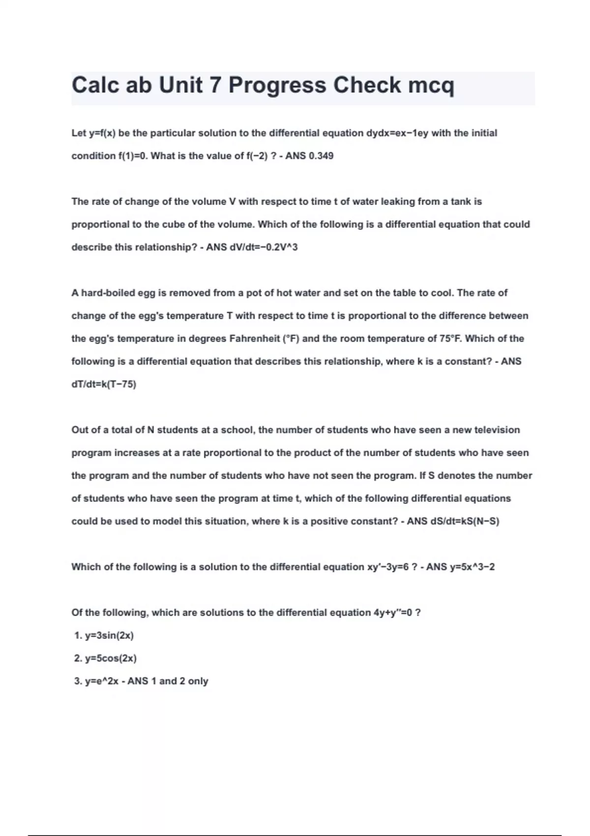 Calc ab Unit 7 Progress Check mcq Questions & Answers 2024 ( A+ GRADED