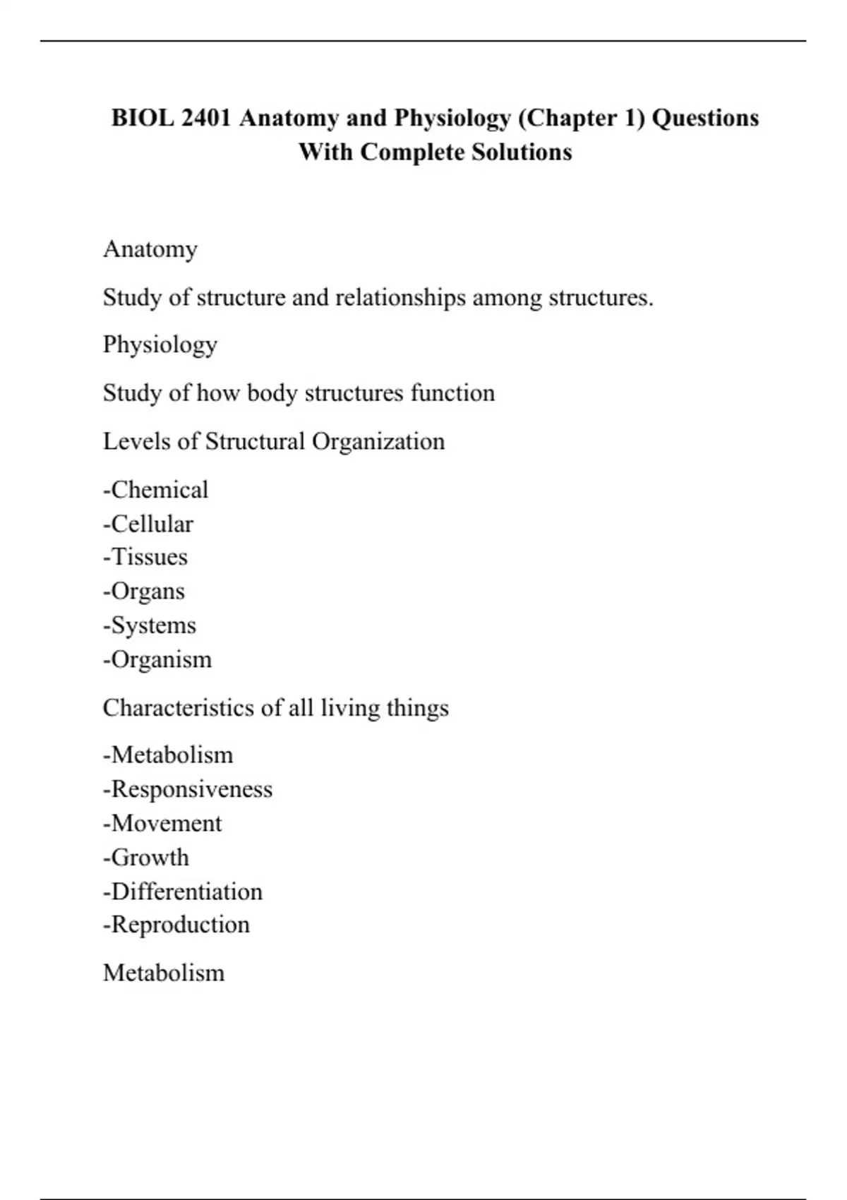 BIOL 2401 Anatomy and Physiology (Chapter 1) Questions With Complete ...