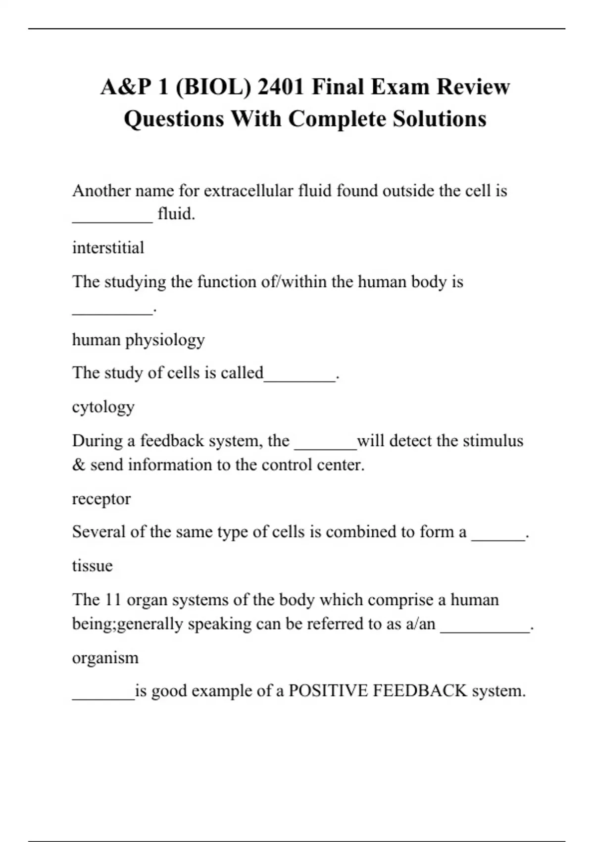 A&P 1 (BIOL) 2401 Final Exam Review Questions With Complete Solutions ...
