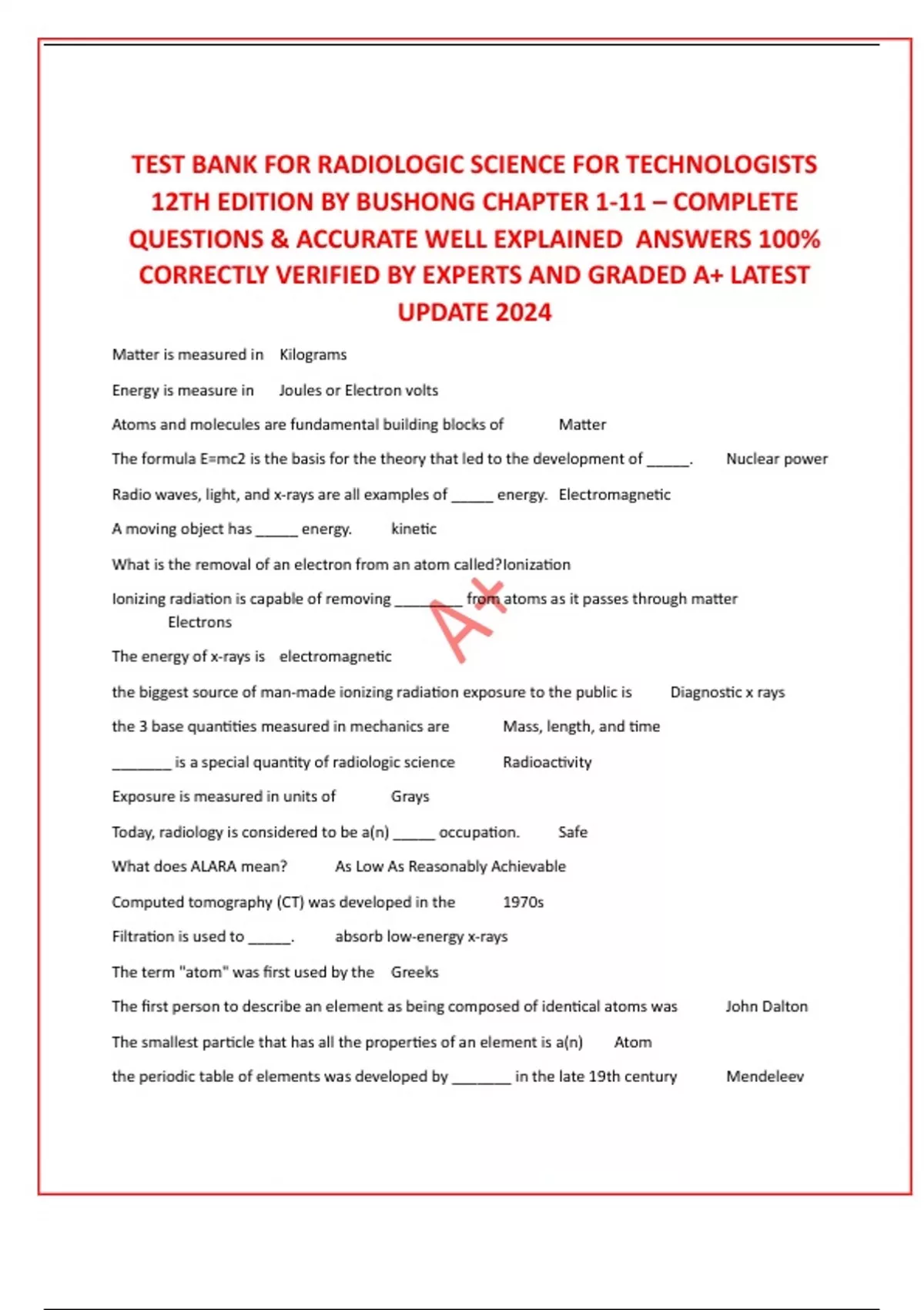 TEST BANK FOR RADIOLOGIC SCIENCE FOR TECHNOLOGISTS 12TH EDITION BY