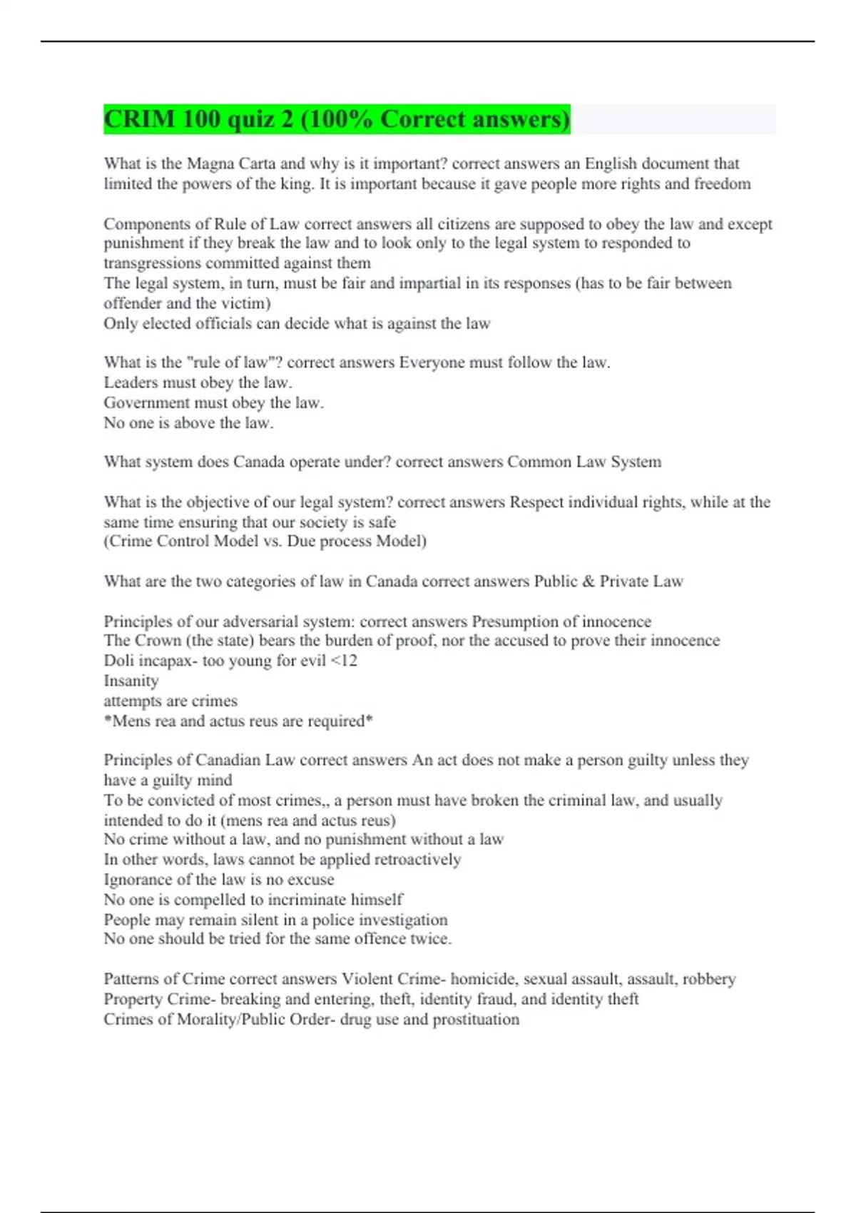 CRIM 100 quiz 2 (100% Correct answers) - CRIM 100 - Stuvia US