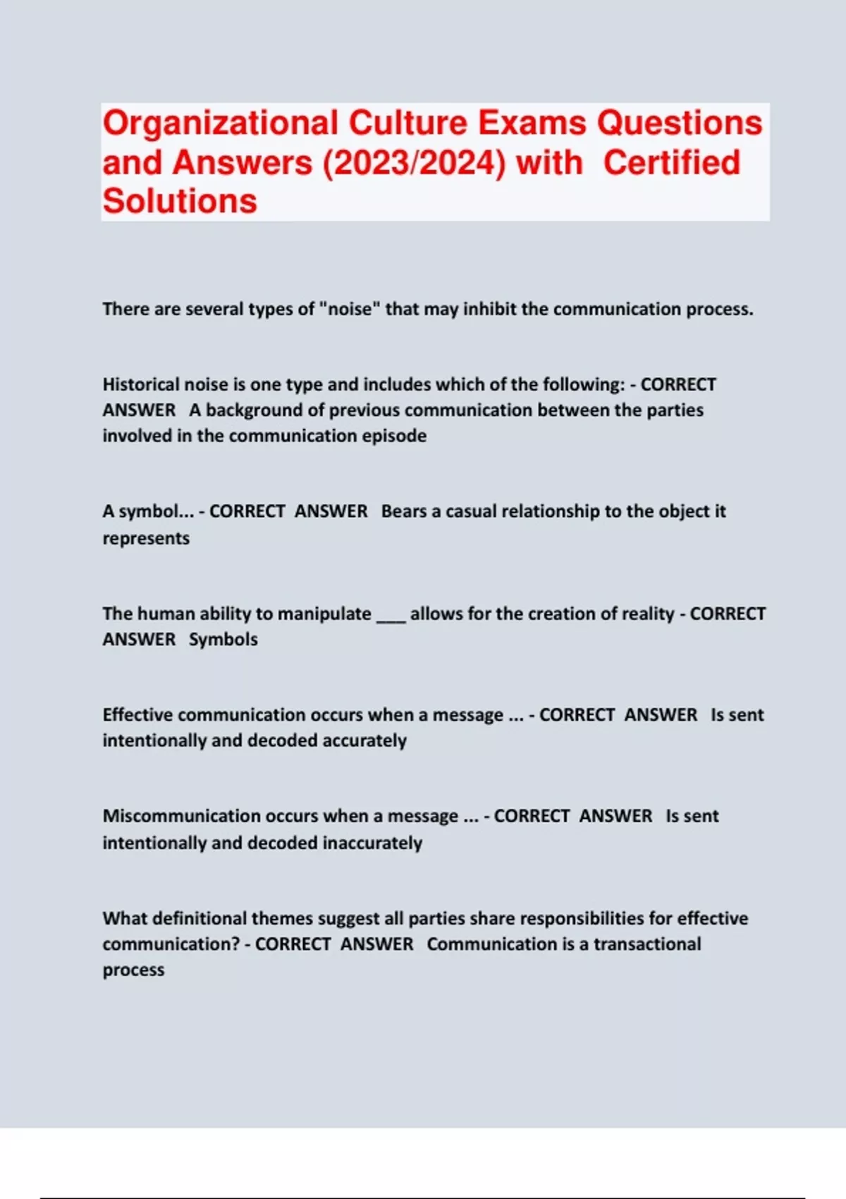 Organizational Culture Exams Questions and Answers (2023/2024) with Certified Solutions ...