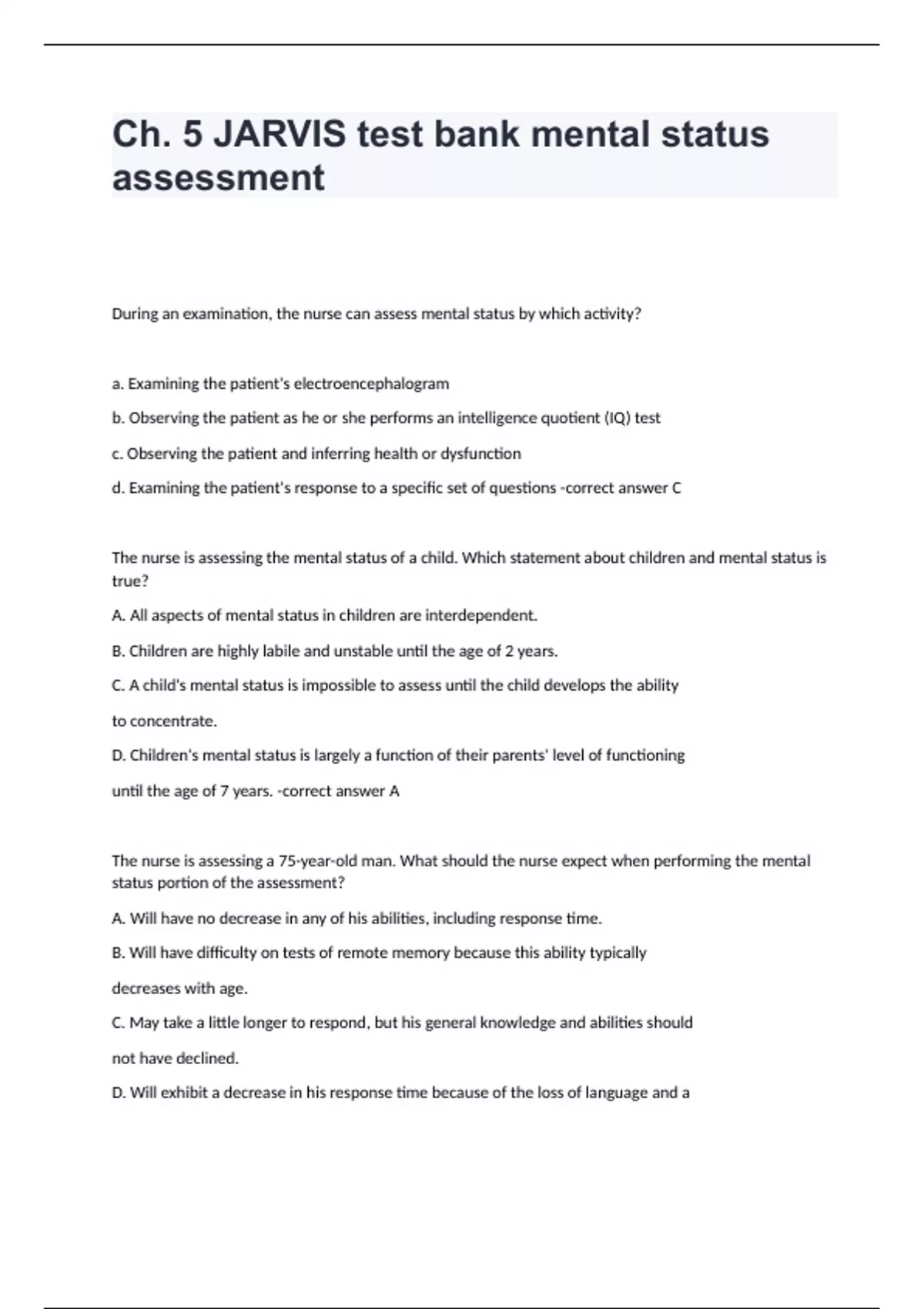 Ch. 5 JARVIS test bank mental status assessment questions and 100% ...