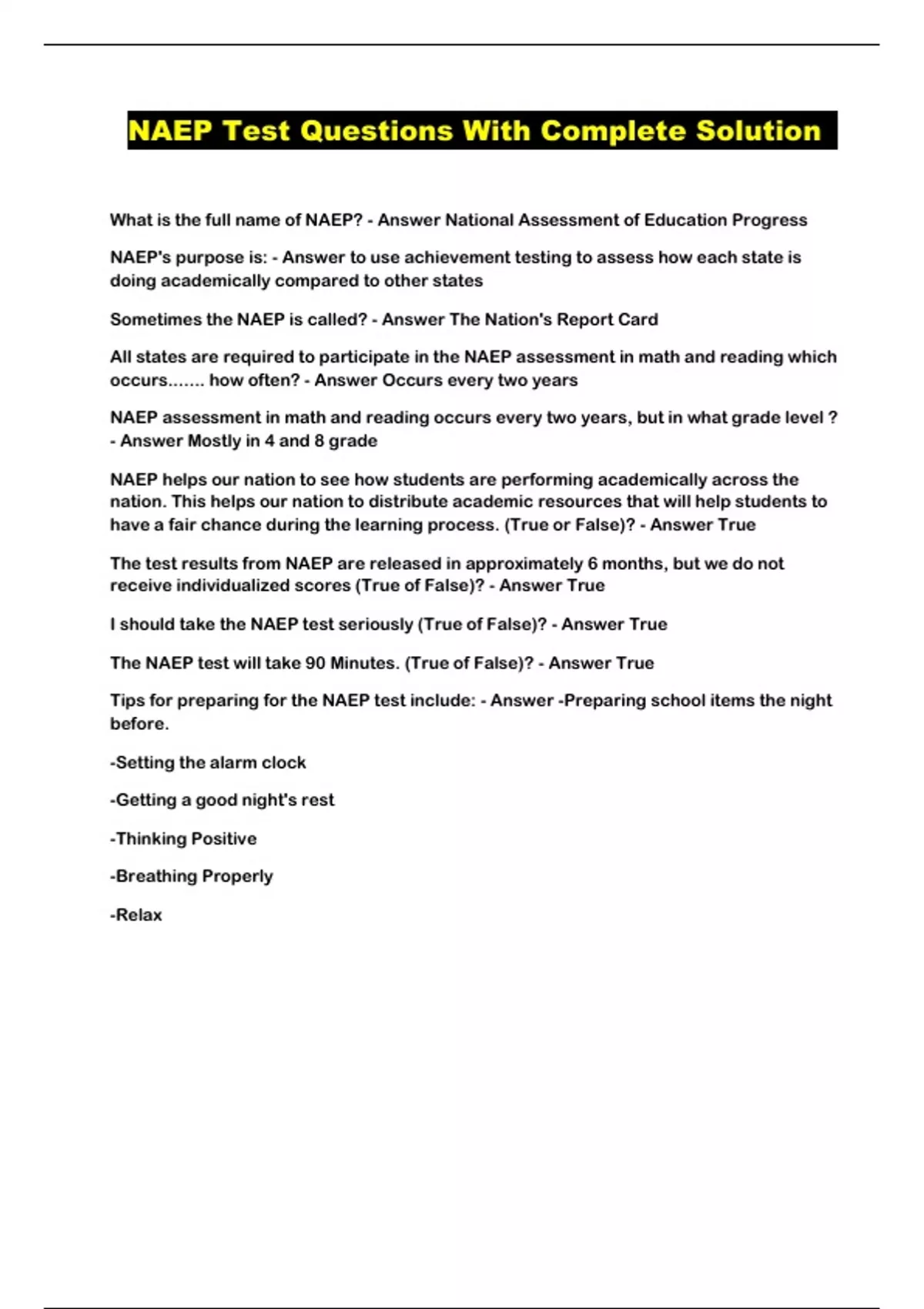 NAEP Test Questions With Complete Solution NAEP Stuvia US