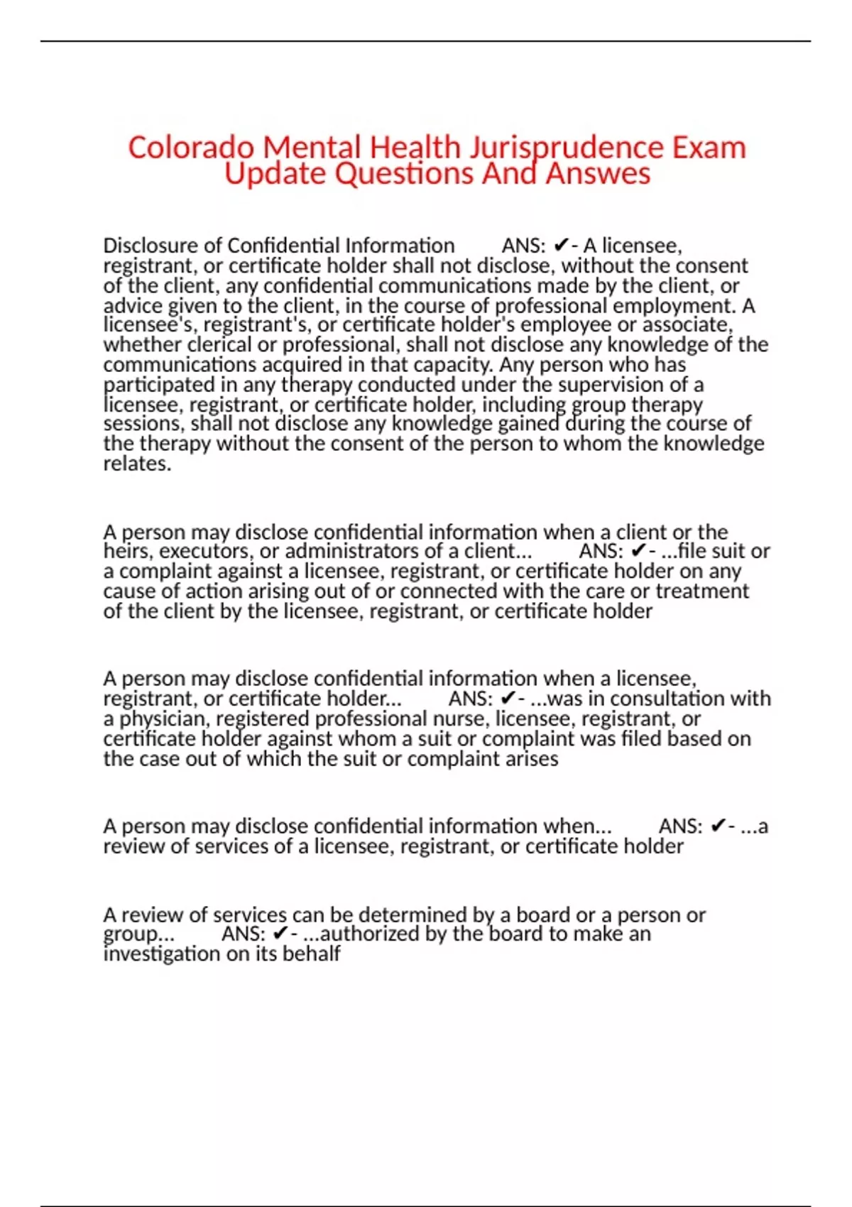 Colorado Mental Health Jurisprudence Exam Update Questions And Answers