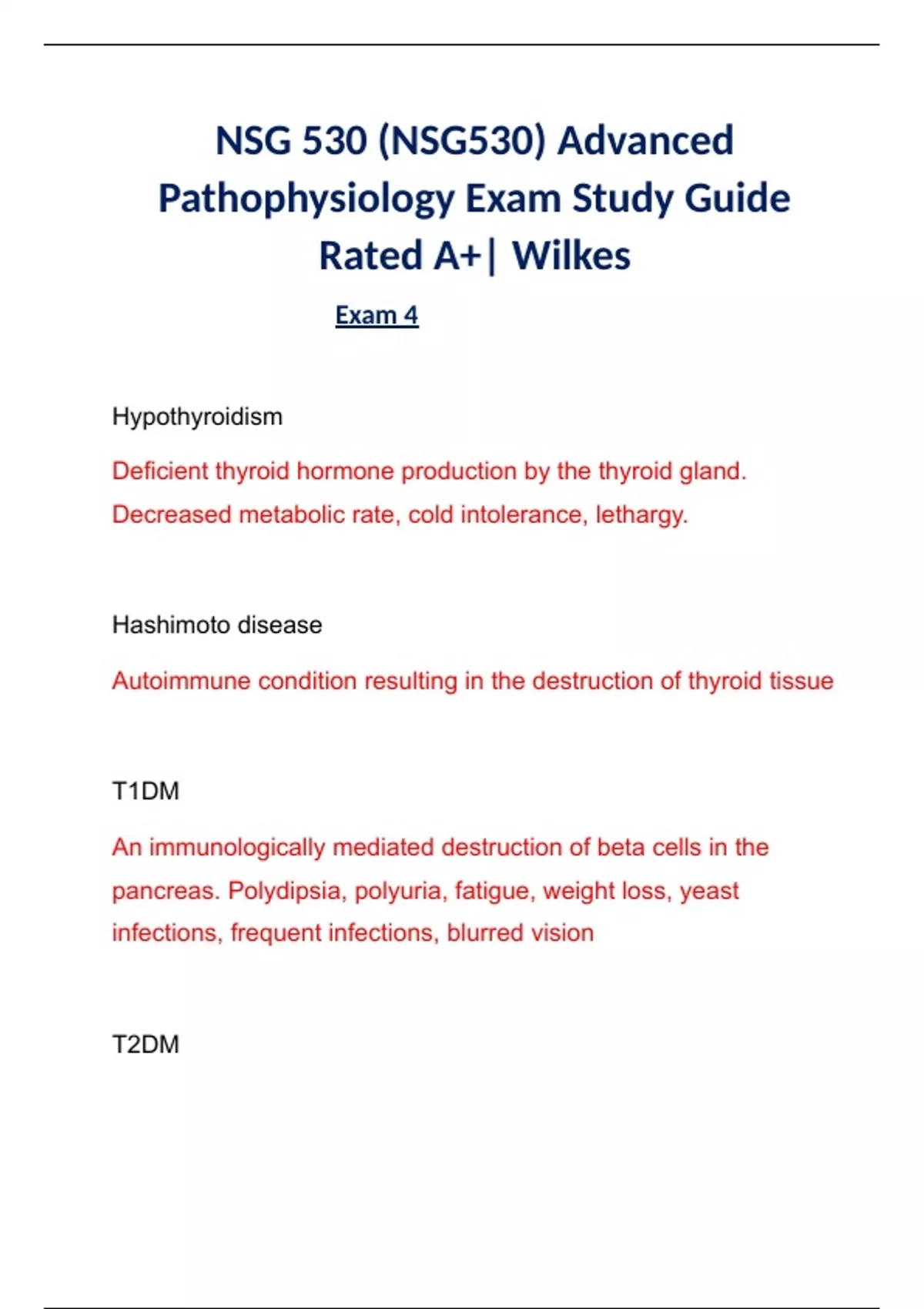 NSG 530 (NSG530) Advanced Pathophysiology Exam 4 Study Guide Rated A+ ...