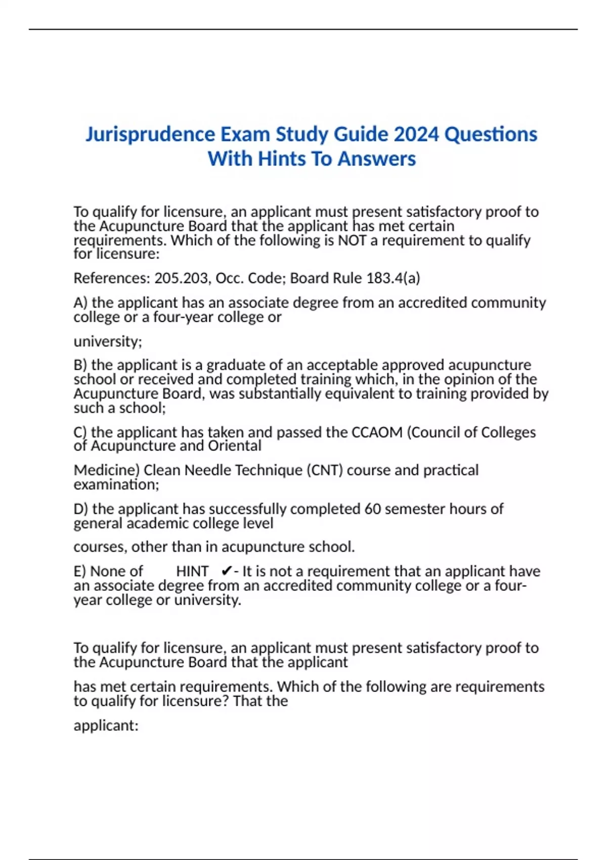 Jurisprudence Exam Study Guide 2024 Questions With Hints To Answers