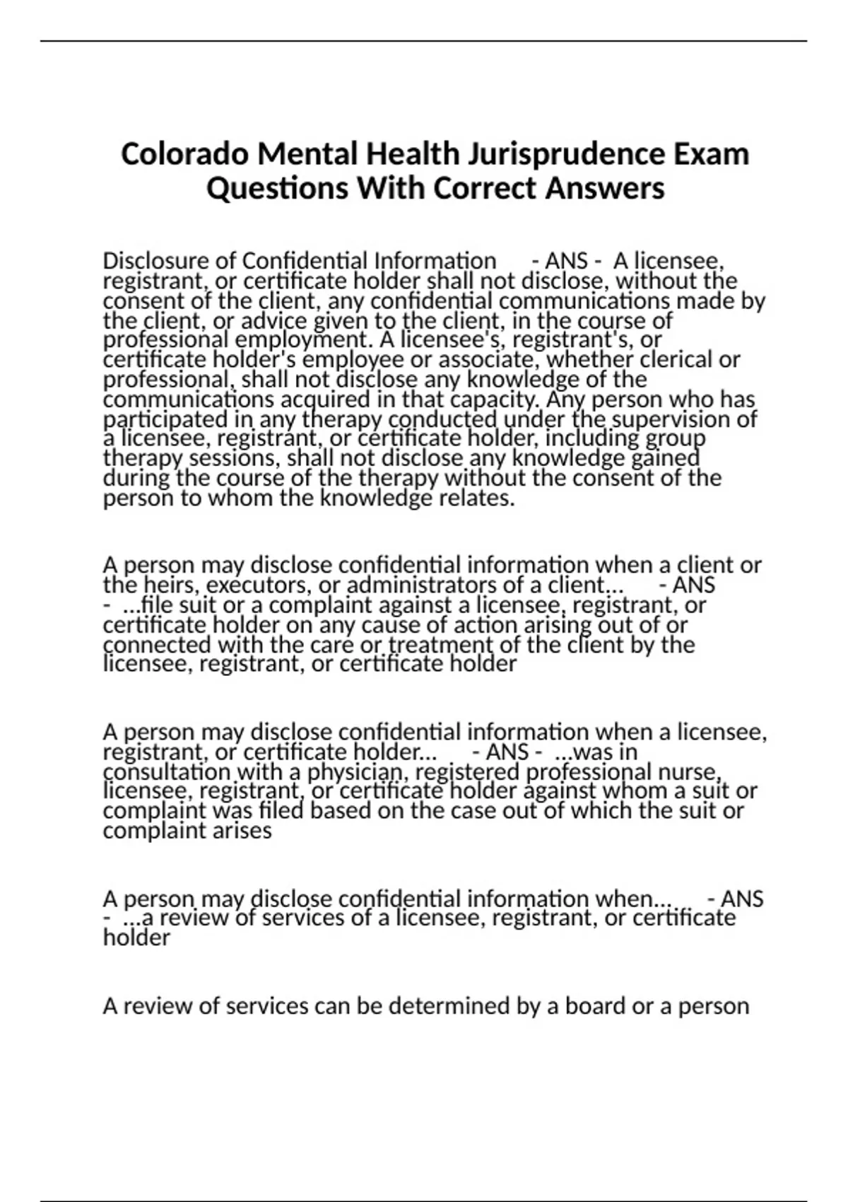 Colorado Mental Health Jurisprudence Exam Questions With Correct