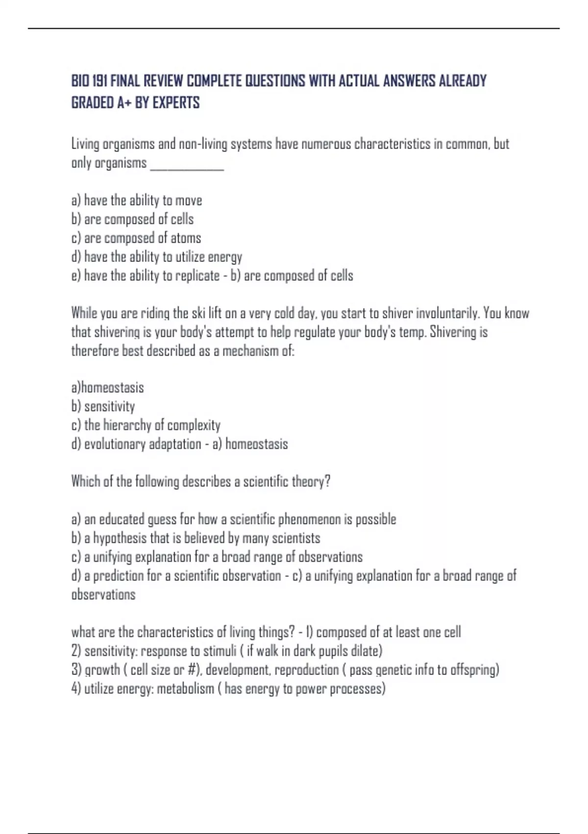 BIO 191 FINAL REVIEW COMPLETE QUESTIONS WITH ACTUAL ANSWERS ALREADY ...