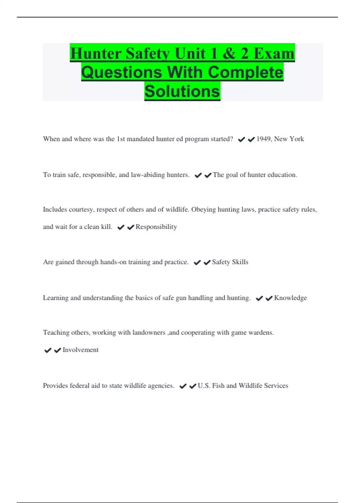 Hunter Safety Unit 1 & 2 Exam Questions With Complete Solutions