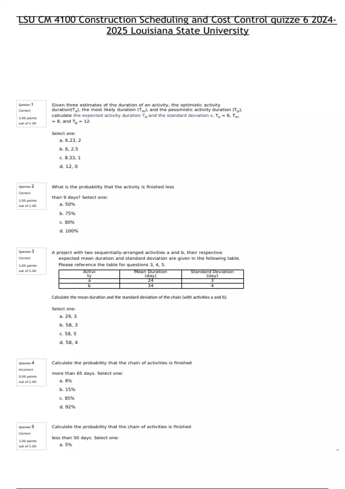 LSU CM 4100 Construction Scheduling and Cost Control quizz Louisiana ...