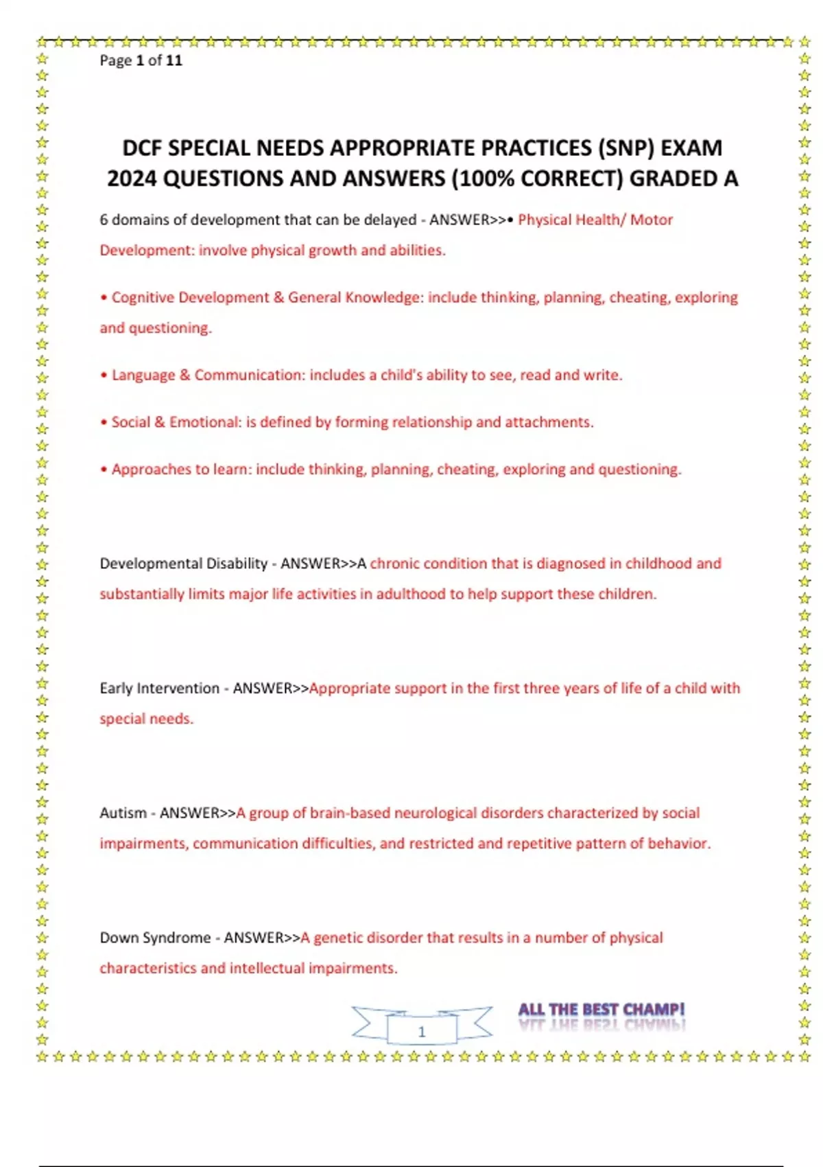 DCF SPECIAL NEEDS APPROPRIATE PRACTICES (SNP) EXAM 2024 QUESTIONS AND ...