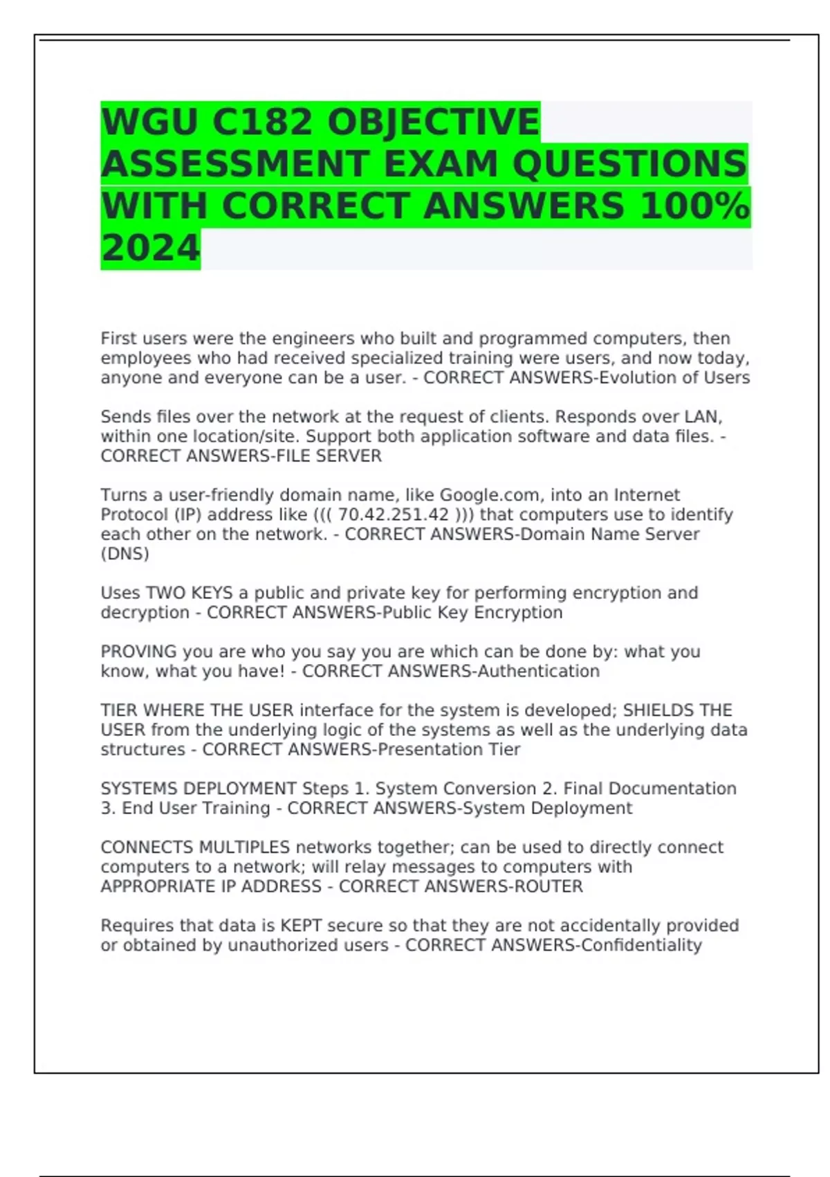 WGU C182 OBJECTIVE ASSESSMENT EXAM QUESTIONS WITH CORRECT ANSWERS 100% ...
