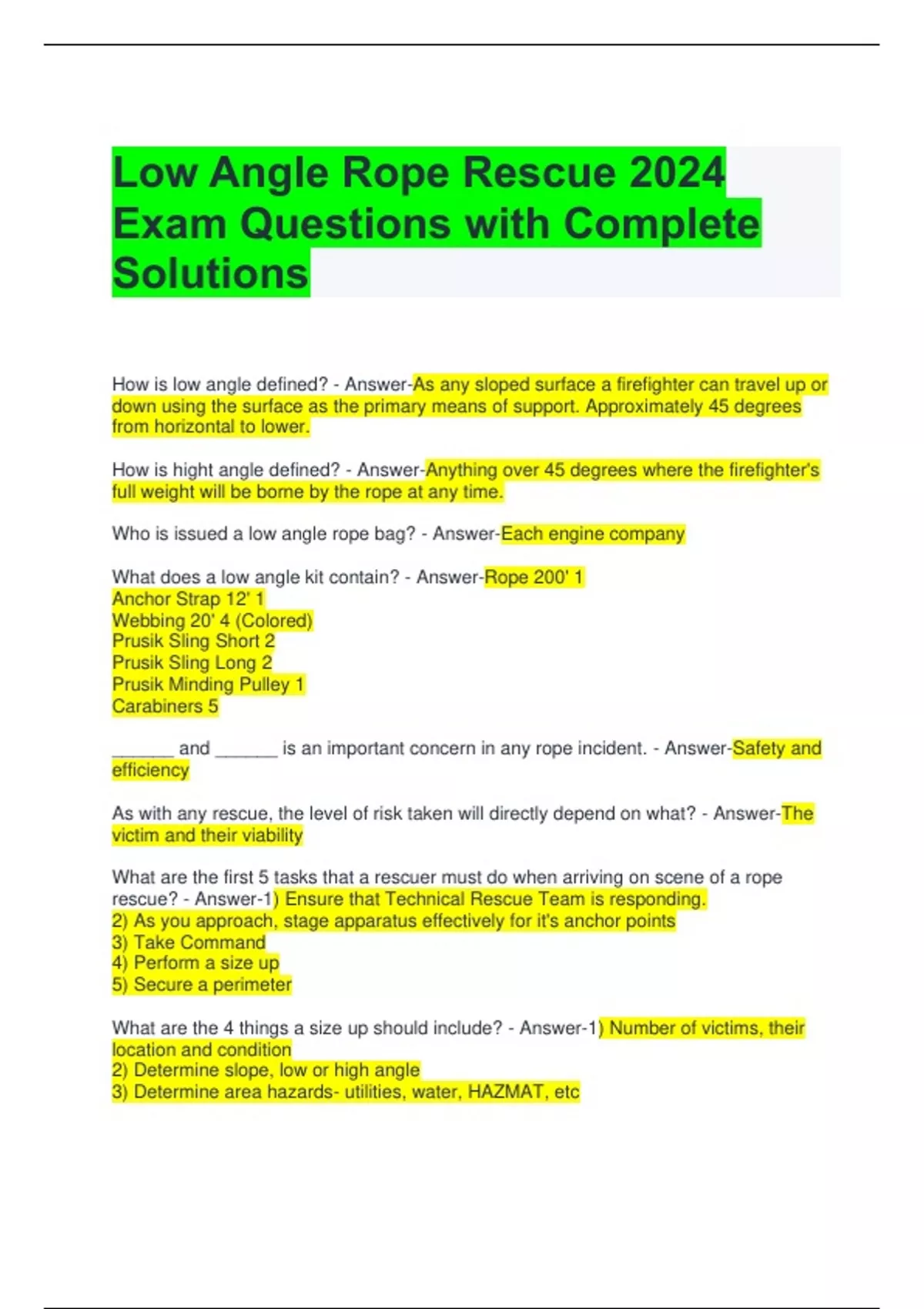 Low Angle Rope Rescue 2024 Exam Questions with Complete Solutions Low