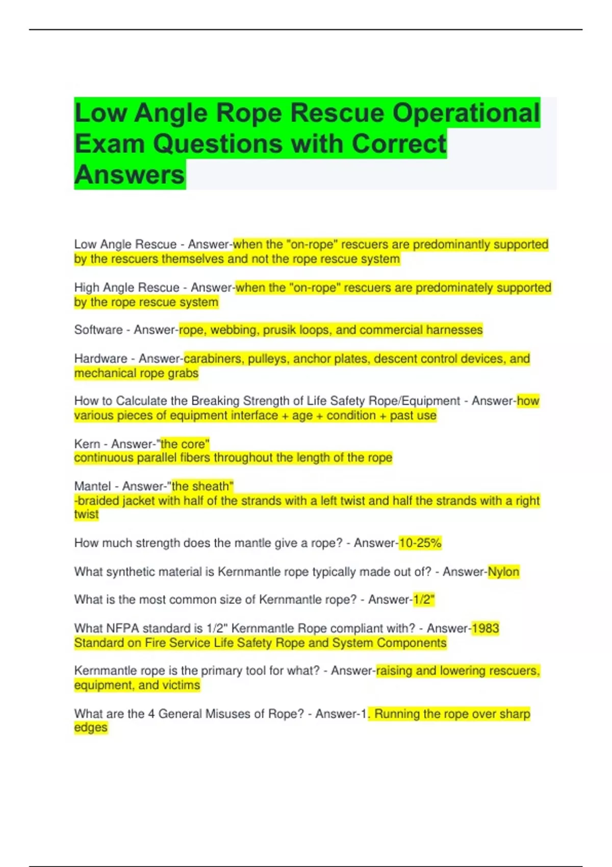 Job Application Rope Question Low Angle Rope Rescue Operational Exam Questions with Correct Answers ...