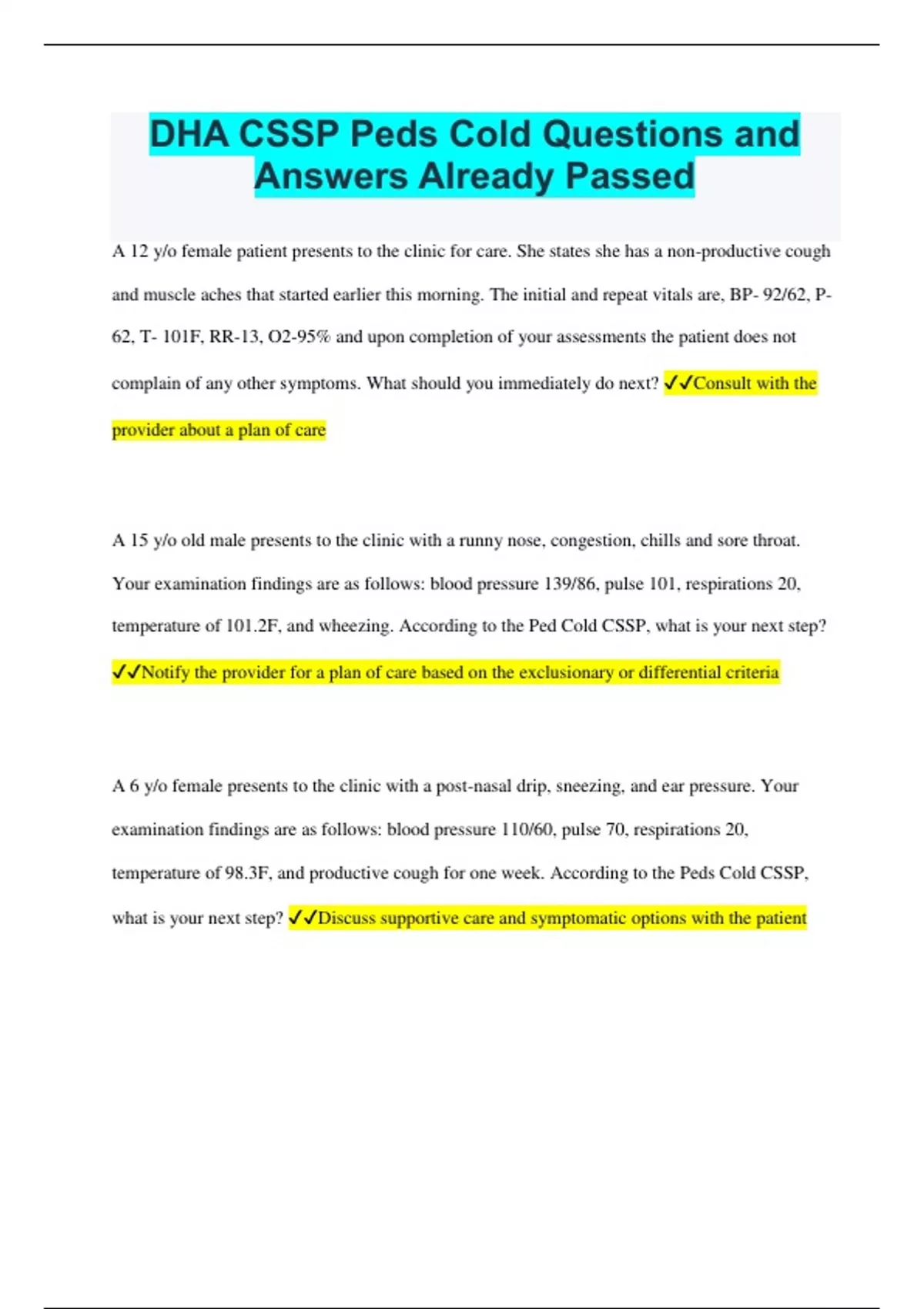 DHA CSSP Peds Cold Questions and Answers Already Passed - DHA CSSP Peds ...