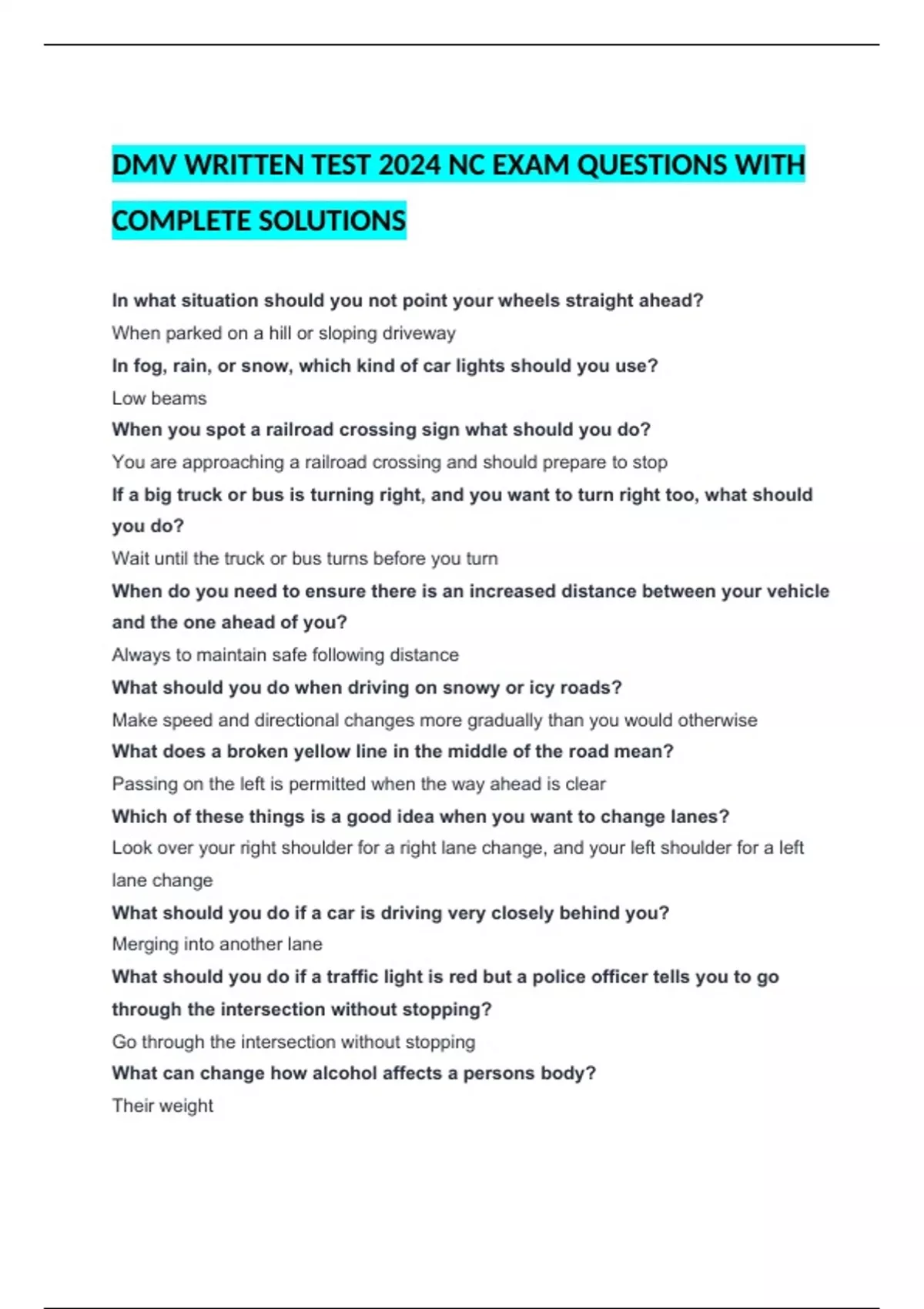 Dmv Written Test 2024 Nc Exam Questions With Complete Solutions Dmv