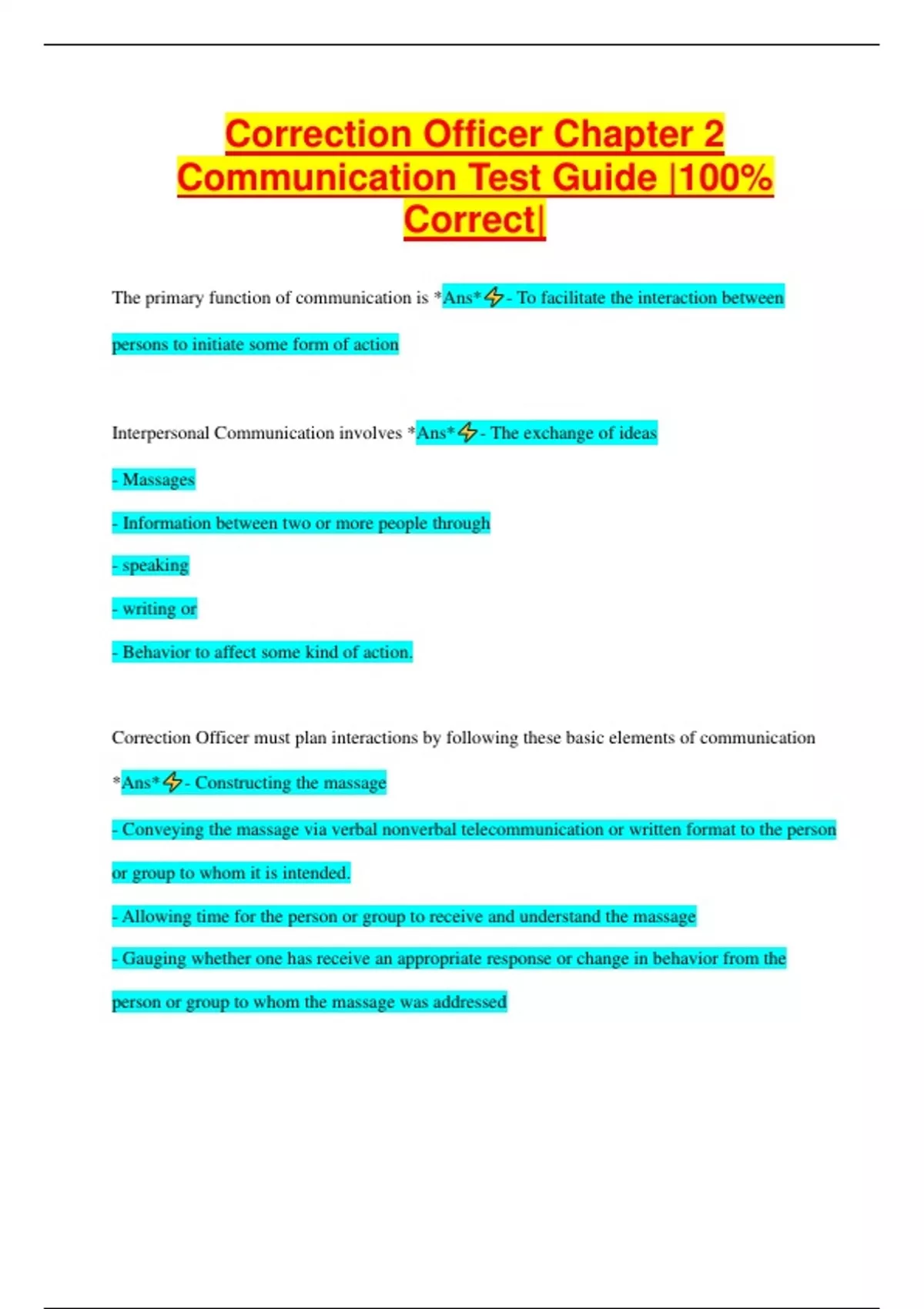 Correction Officer Chapter 2 Communication Test Guide |100% Correct ...