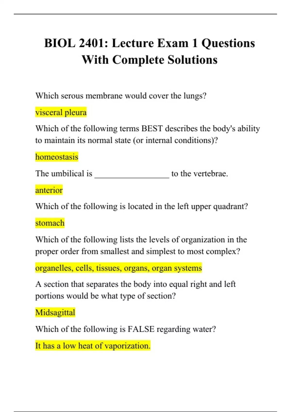 BIOL 2401: Lecture Exam 1 Questions With Complete Solutions - BIOL 2401 ...