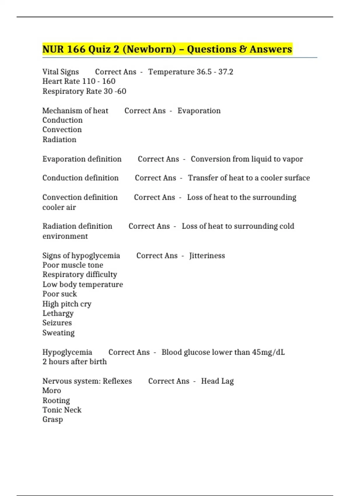 NUR 166 Quiz 2 (Newborn) – Questions & Answers - NUR 166 - Stuvia US
