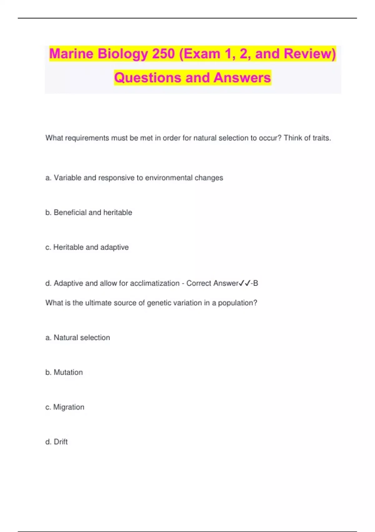 Marine Biology 250 (Exam 1, 2, and Review) Questions and Answers ...