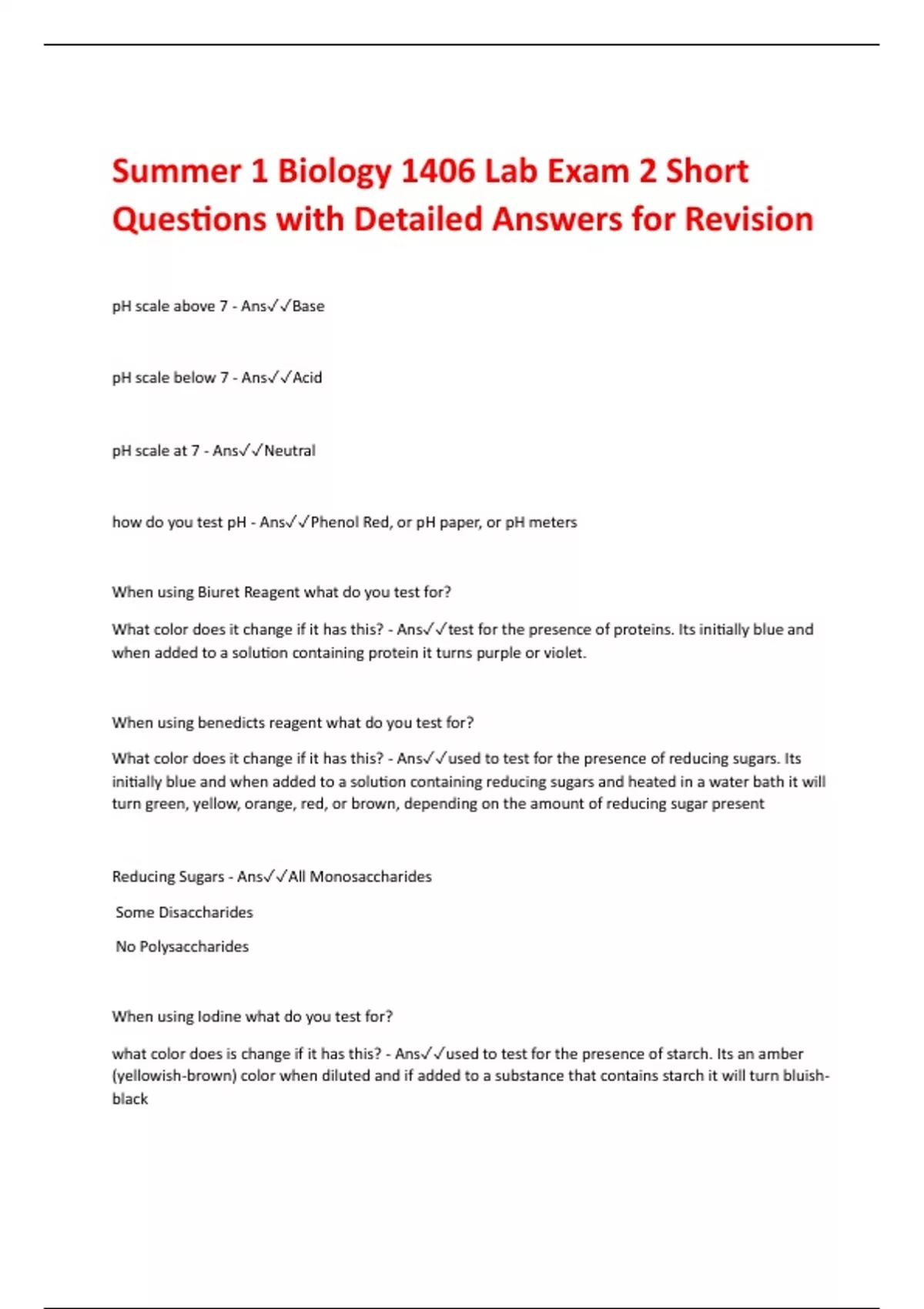 Summer 1 Biology 1406 Lab Exam 2 Short Questions with Detailed Answers ...