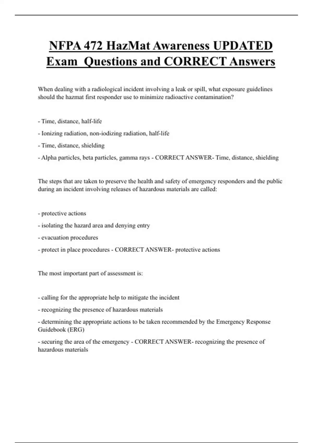NFPA 472 HazMat Awareness UPDATED Exam Questions and CORRECT Answers HazMat Awareness Stuvia US
