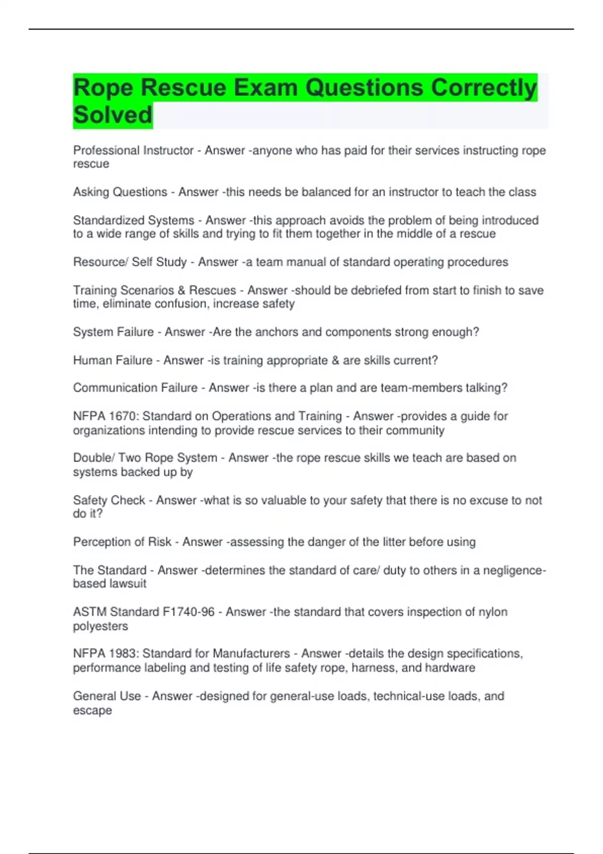 Rope Rescue Exam Questions Correctly Solved Rope Rescue Stuvia US