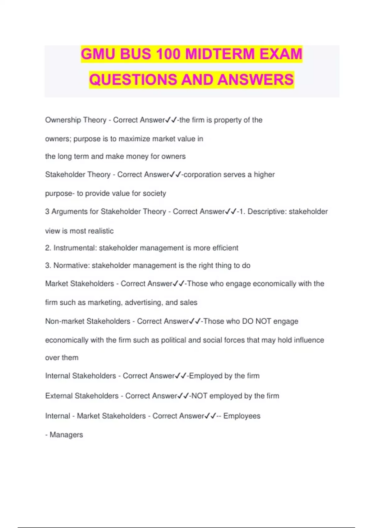 GMU BUS 100 MIDTERM EXAM QUESTIONS AND ANSWERS - GMU - Stuvia US