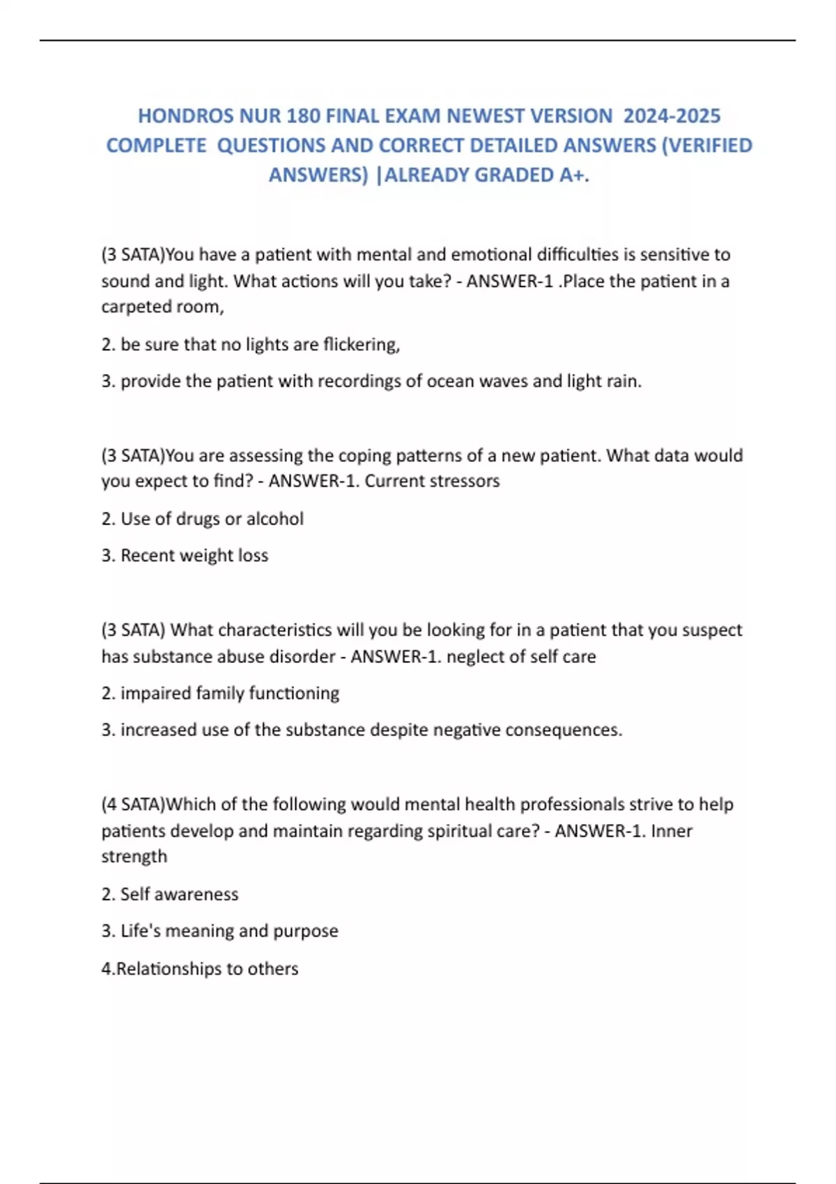 HONDROS NUR 180 FINAL EXAM NEWEST VERSION COMPLETE QUESTIONS AND ...