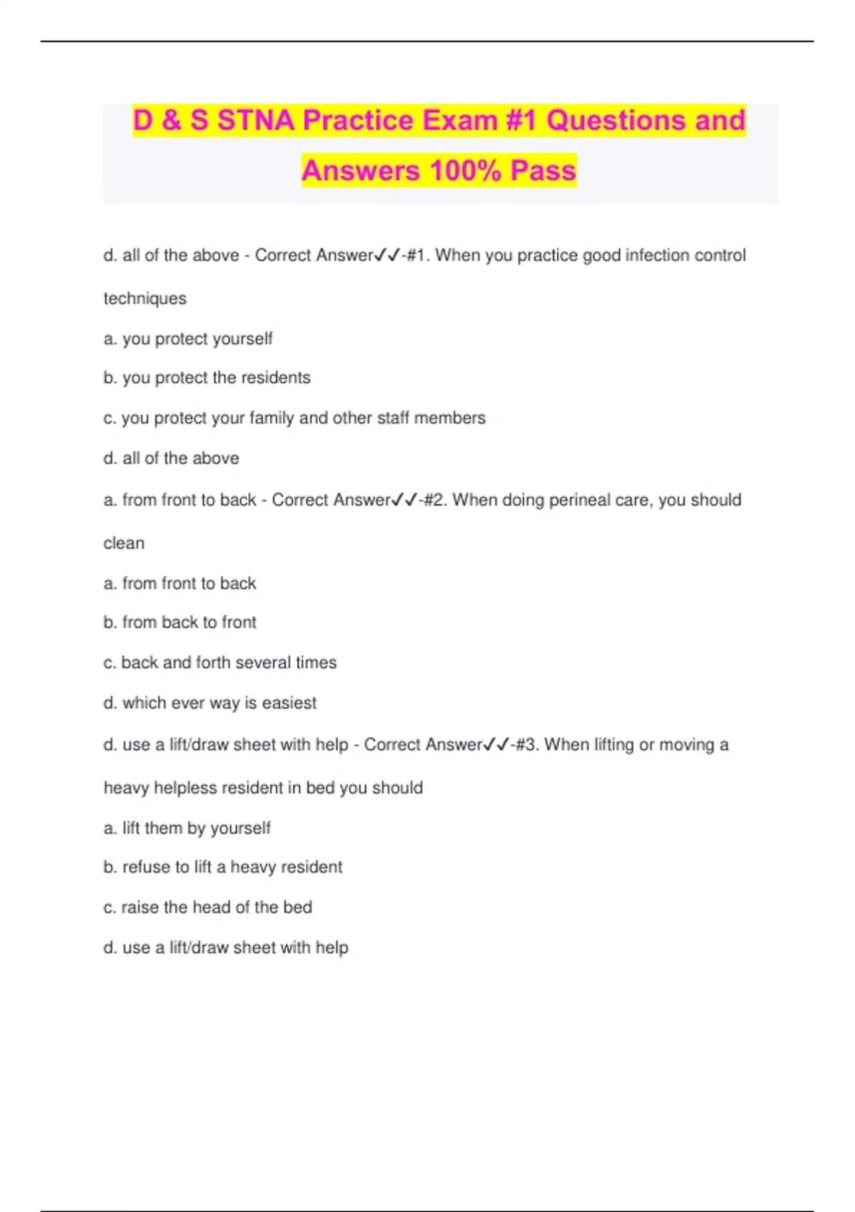 D & S STNA Practice Exam #1 Questions and Answers 100% Pass - STNA ...