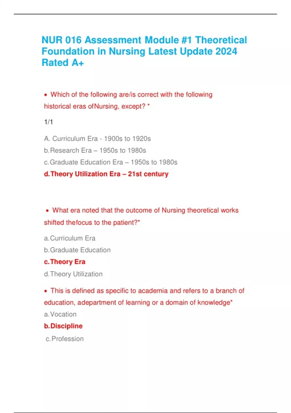 NUR 016 Assessment Module #1 Theoretical Foundation in Nursing Latest ...