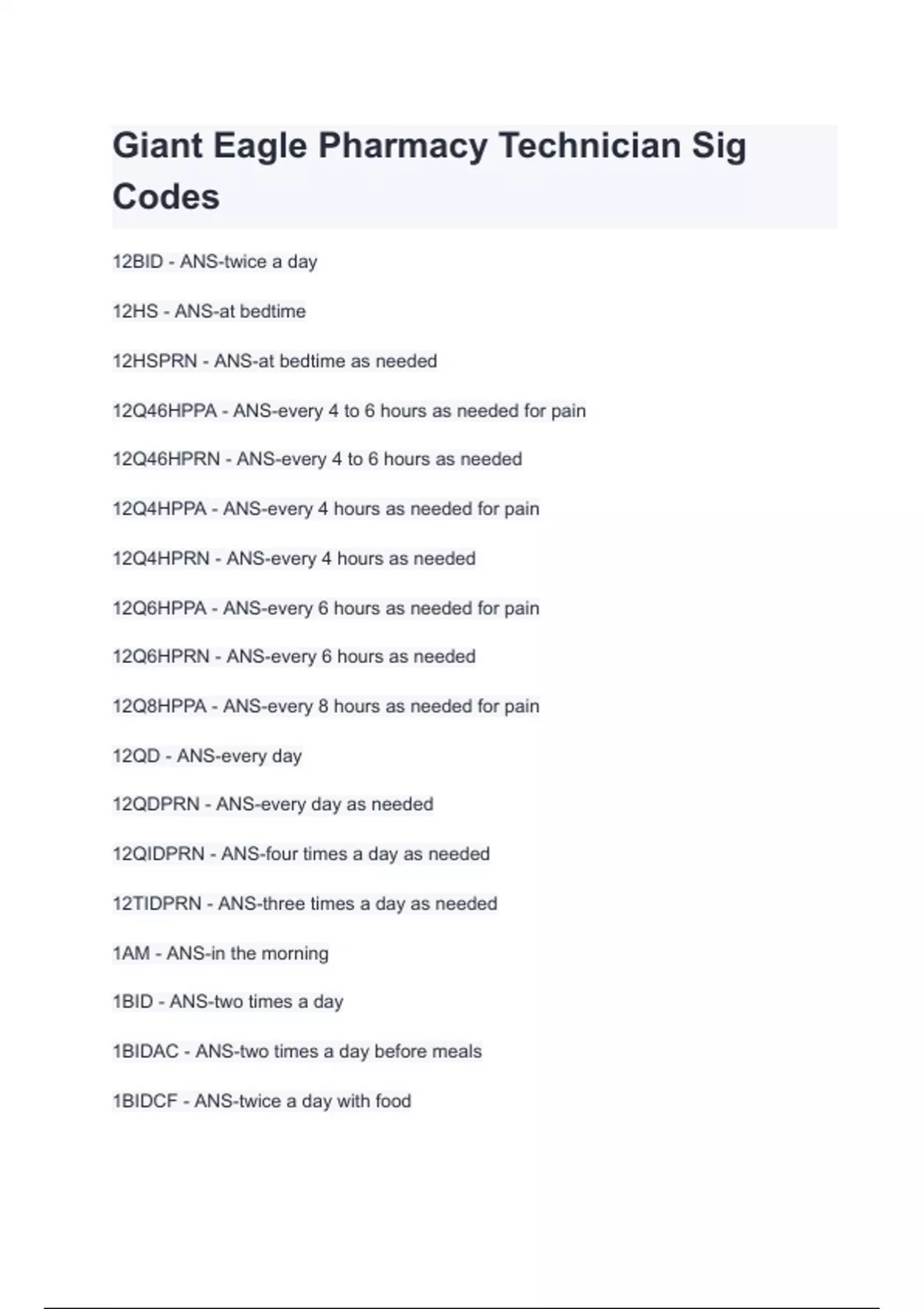 Giant Eagle Pharmacy Technician Sig Codes - ABC Bartending Study Guide ...