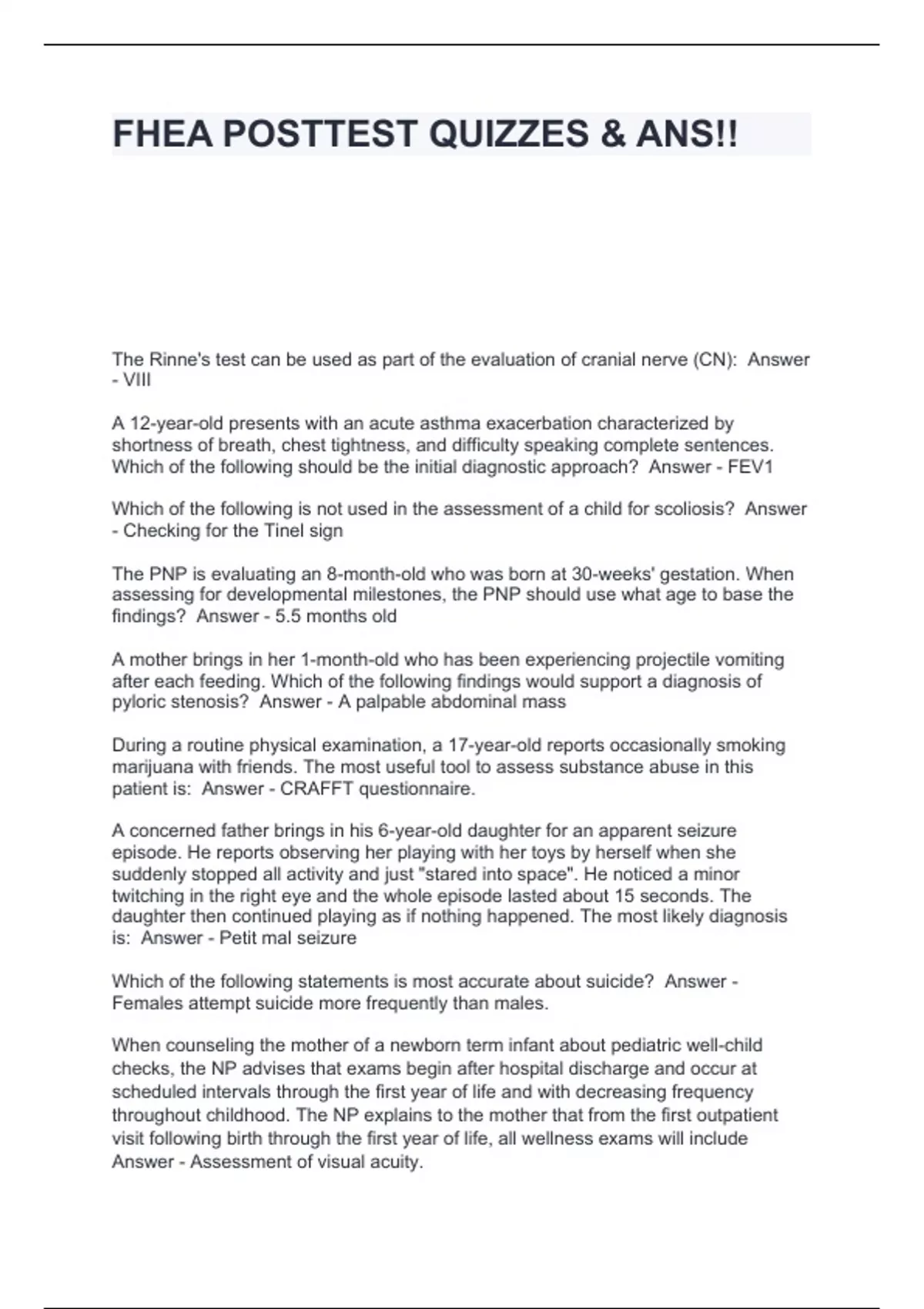 FHEA POSTTEST QUIZZES & ANS!! - FHEA - Stuvia US