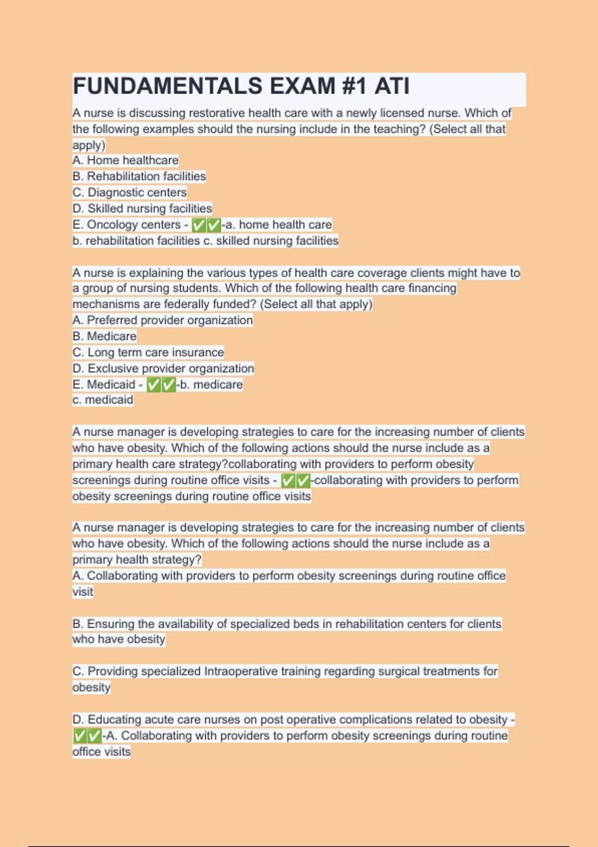 FUNDAMENTALS EXAM #1 ATI 2024 Questions with verified correct answers ...