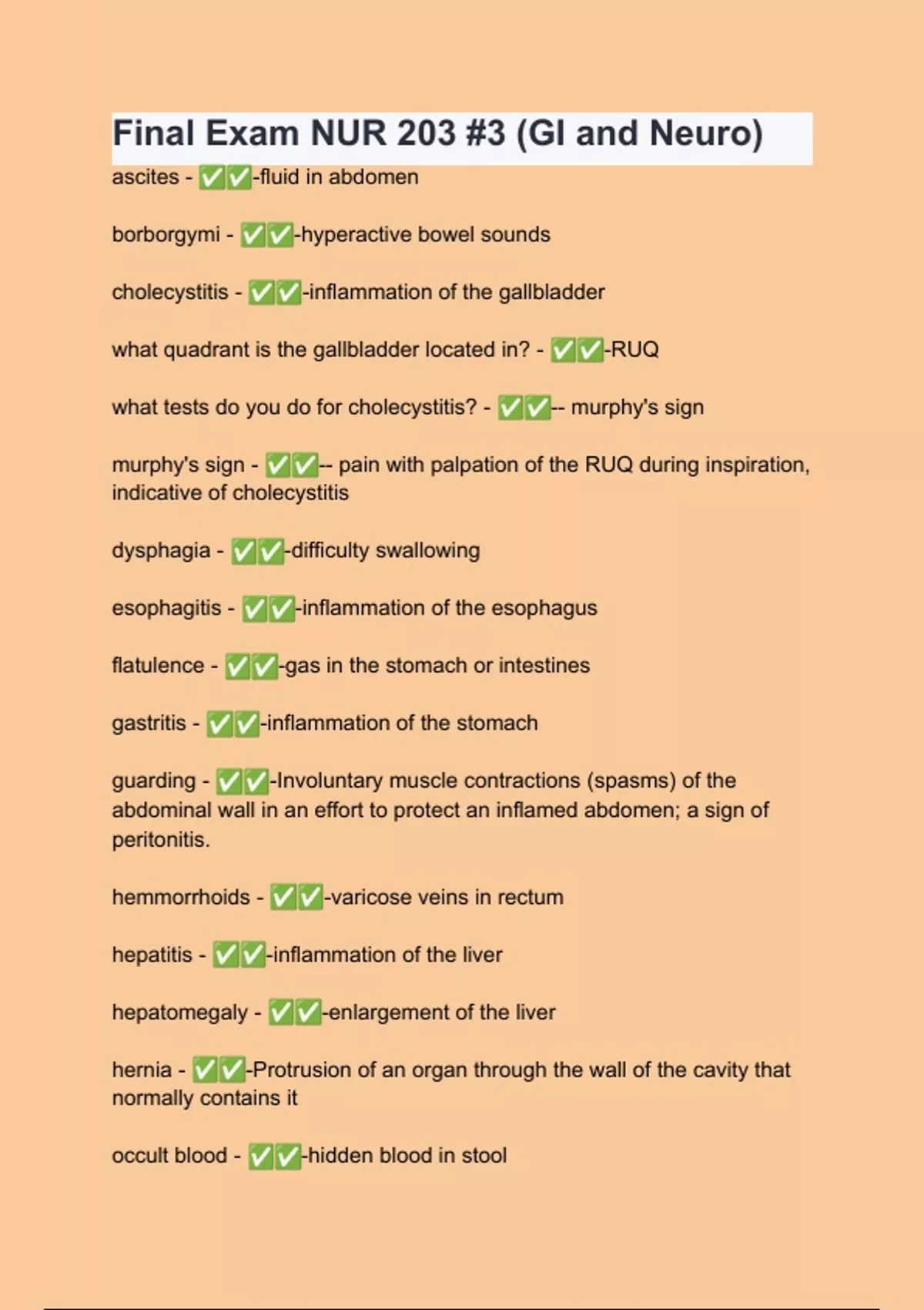 Final Exam NUR 203 #3 (GI and Neuro) Questions with verified correct ...