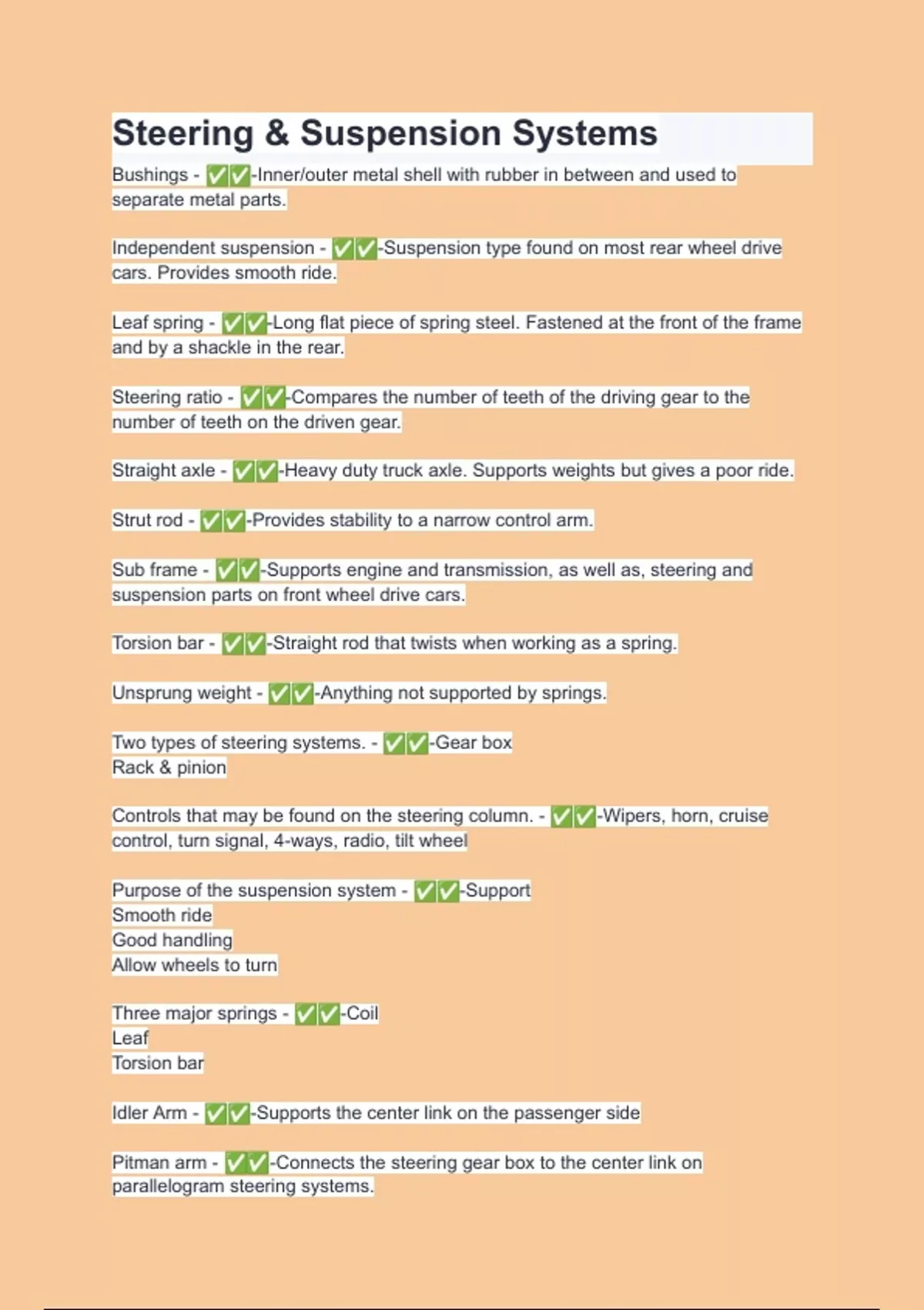Steering & Suspension Systems Questions with 100% correct answers ...